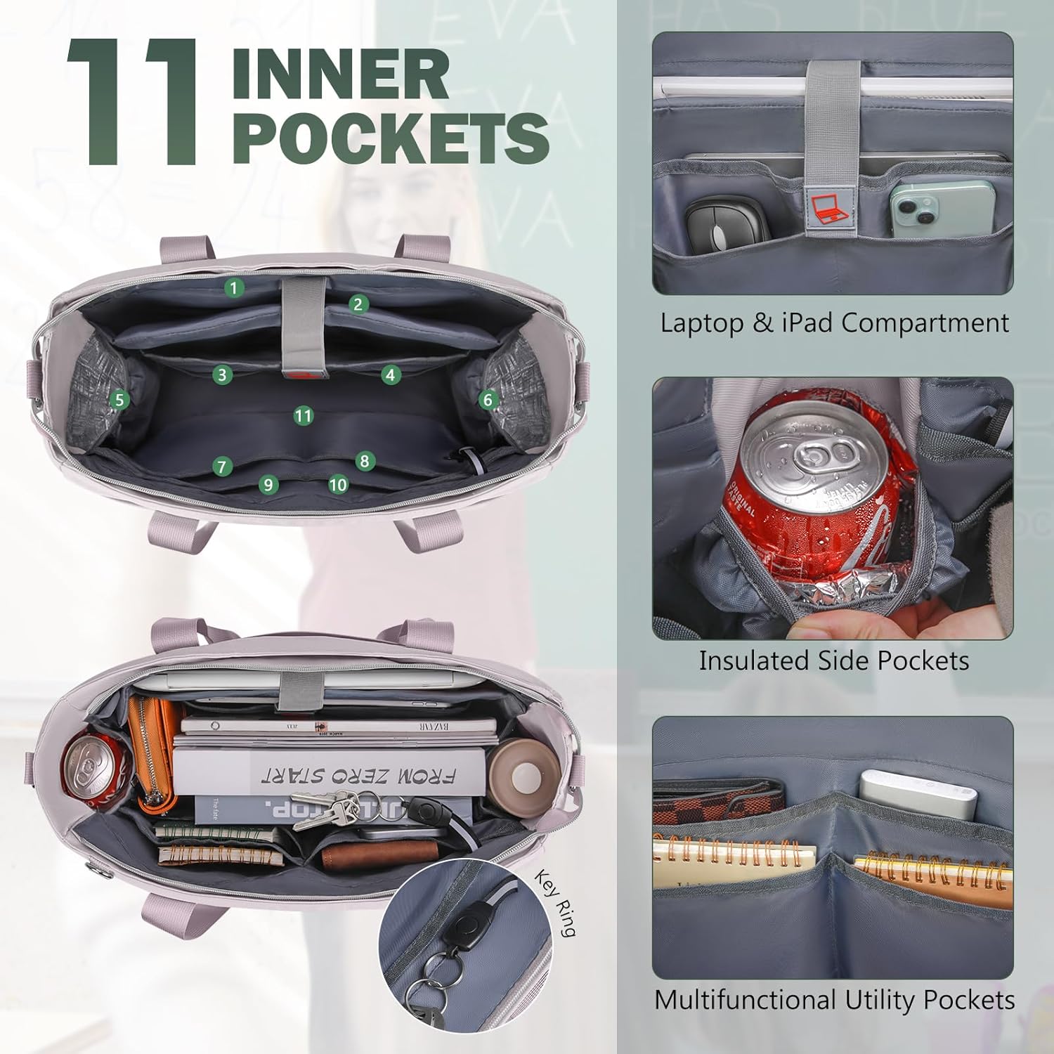 RAINSMORE Teacher Tote Bag for Women 15.6 Inch Laptop Briefcase with Clutch Bag, Nurse Bags Professional Work Handbag for Office College Nursing, Large Utility Tote Messenger Shoulder Bag, Grey Pink - Image 3