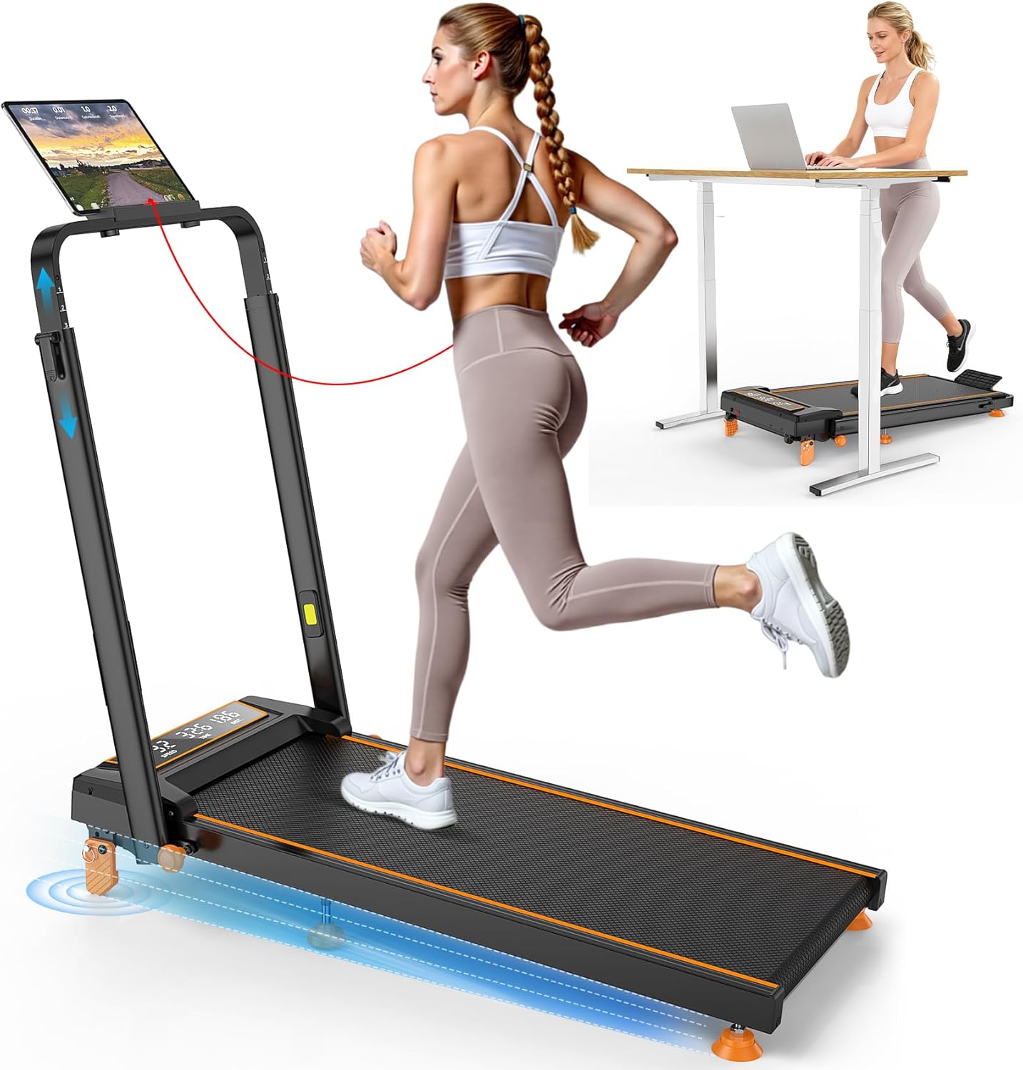 Walking Pad Treadmill with Incline & Adjustable Height, 4 in 1 Folding Under Desk Treadmill, 2025 Upgraded 3.5HP Walking Pad with Handle Bar, Electric Portable Treadmills for Home 350LBS, LED Display