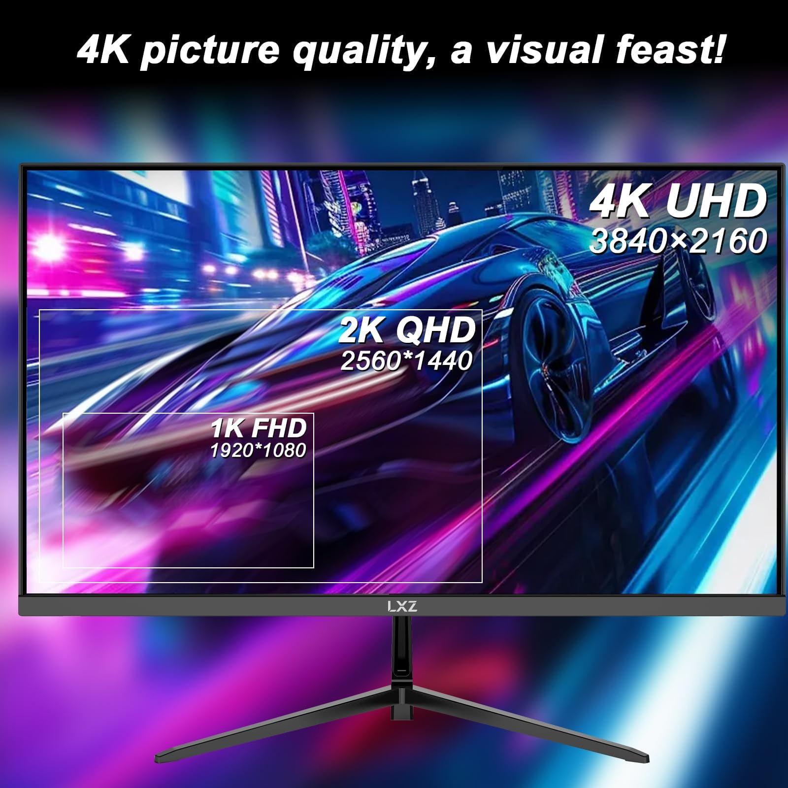 LXZ 27 Inch 4K UHD (3840 x 2160) Gaming Monitor, VA Panel 16:9 Display with FreeSync & G-Sync, VESA 75mm x 75mm, HDMI 2.0 * 2，DP1.4 * 2 — view 2