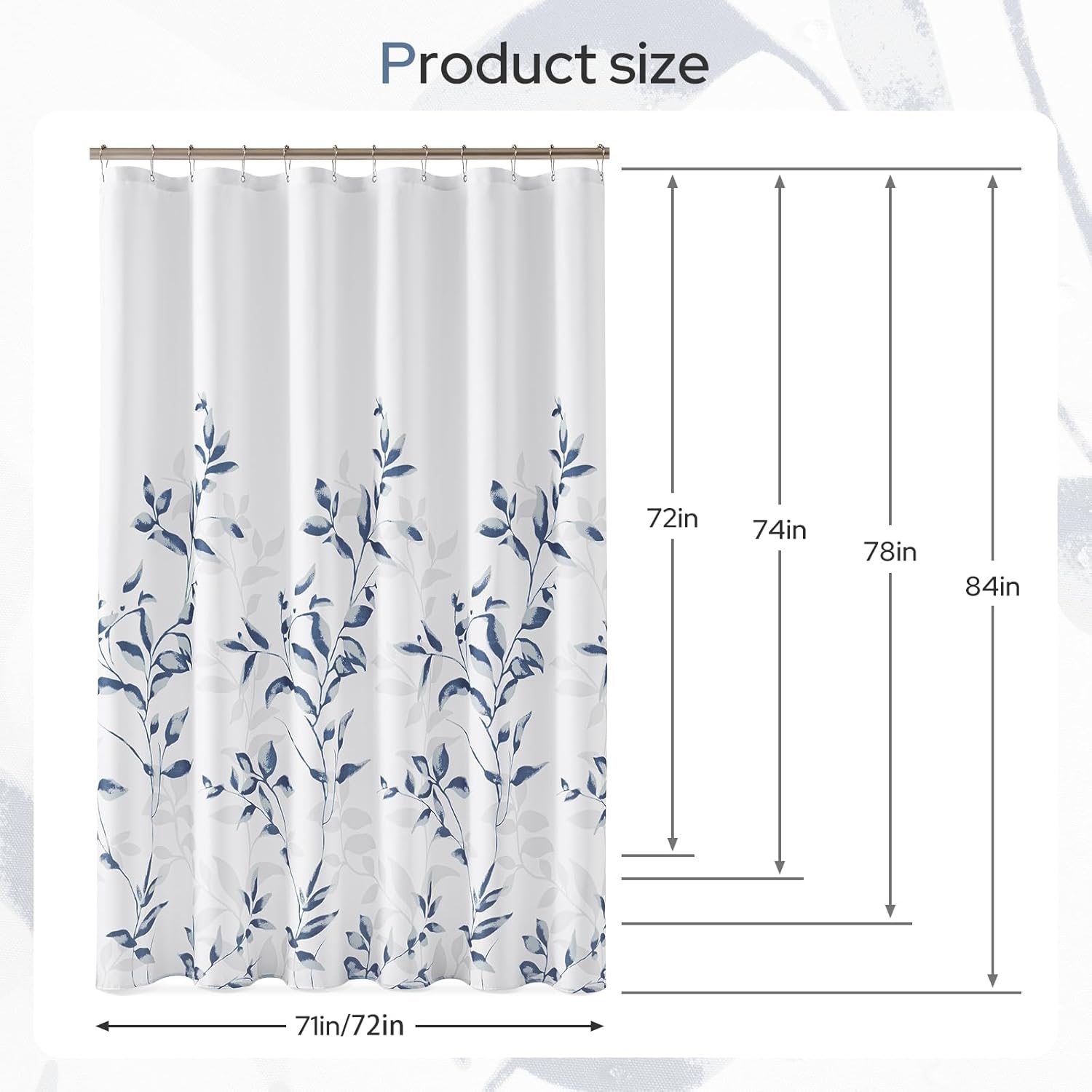 HOMEIDEAS Blue and White Heavy Duty Shower Curtain, Thick Shower Curtains for Bathroom with 12 Metal Hooks, Waterproof, Machine Washable, Modern Leaf Pattern, 71x74 Inch