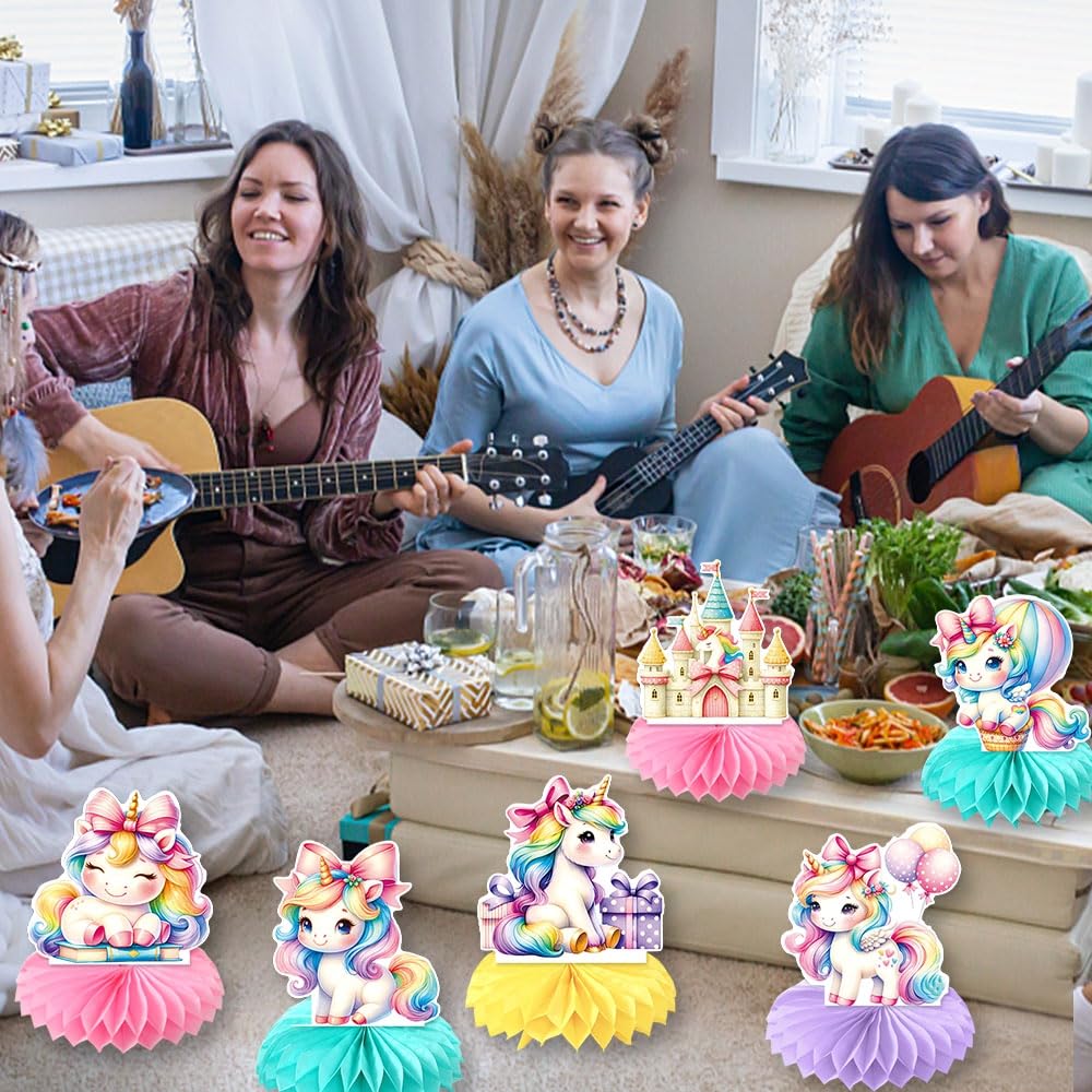 Nicime 9pcs Rainbow Unicorn Honeycomb Decorations, Cute Sweet Honeycomb Centerpiece table decor, Birthday Party Supplies Ornaments