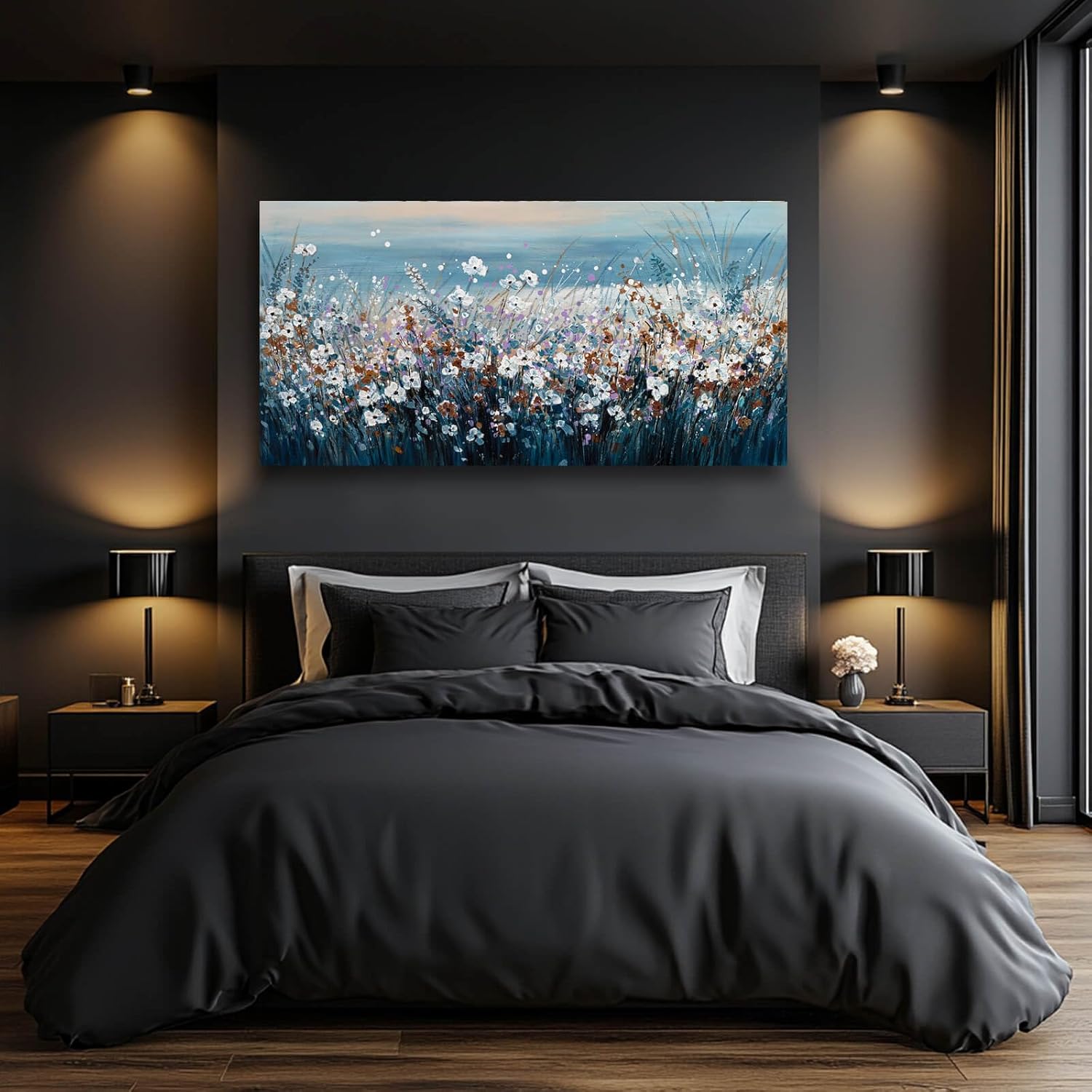 Blue Pictures Wall Decor Ocean Landscape Framed Wall Prints for Living Room Floral Wall Art Office Posters for Room Decor 29x58 Inch Hotel Art