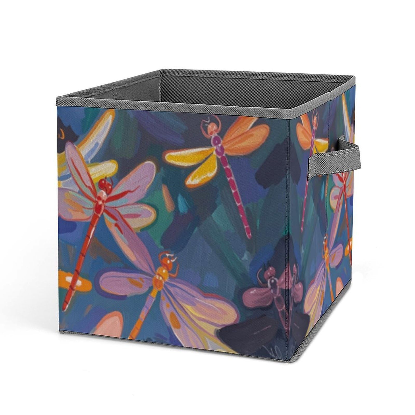 FekiLoot Hand Painted Dragonfly Folding Storage Bins with Handles Large Fabric Storage Cube Storage Organizer Heavy Duty Closet Organizer Sturdy Collapsible Bin Foldable Baskets