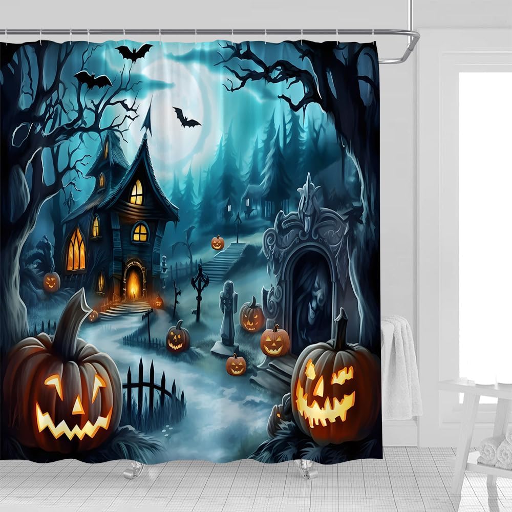 Halloween Shower Curtain Scary Night Moon Gothic Haunted House Pumpkin Bat Forest Courtyard Fabric Bathroom Decor Curtains with Hooks,82 x 70