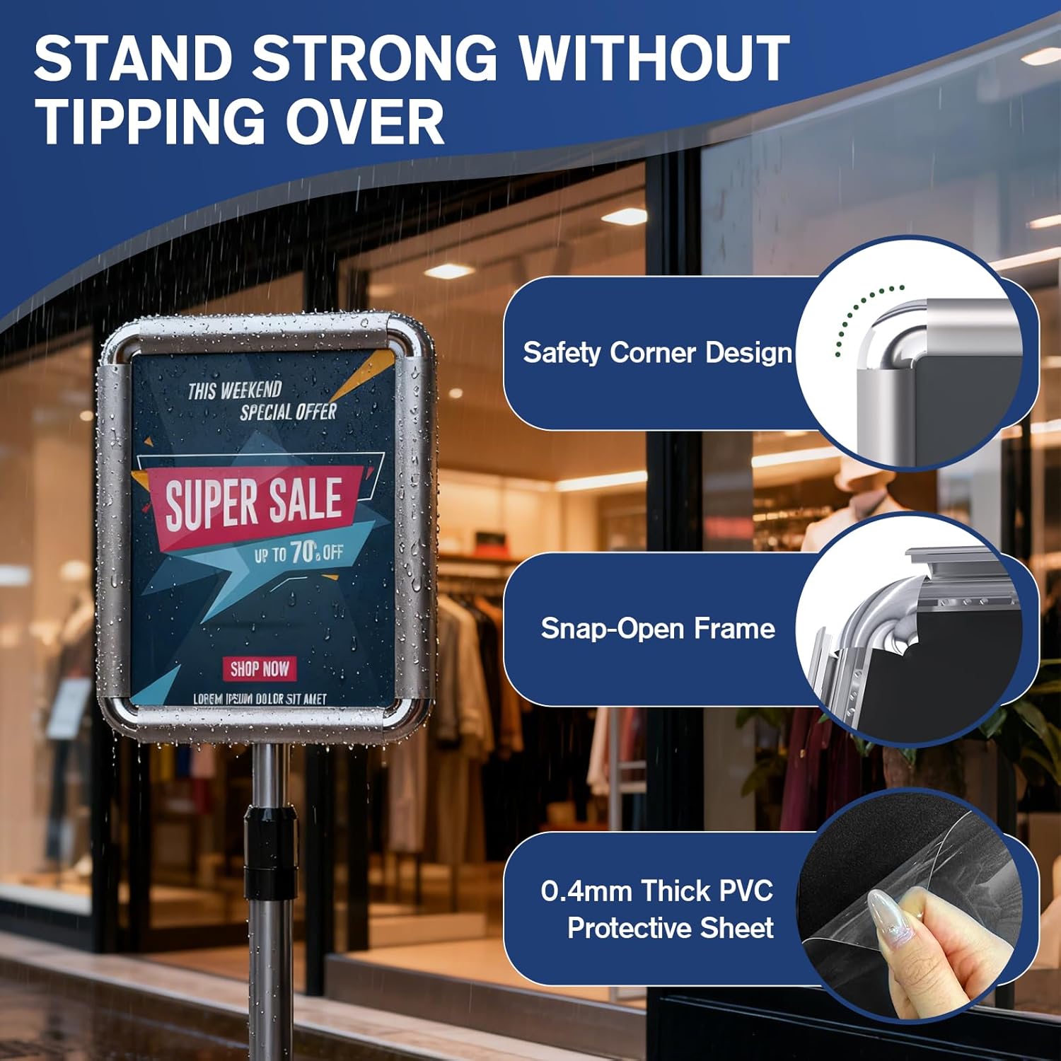 Sign Holder - 8.5x11 inch Sign Stand Holder Adjustable Display Stand Floor Standing Sign Holder, Signage Stand with Snap-Open Frame Display for Malls,Schools,Restaurants(Sliver) - Image 6