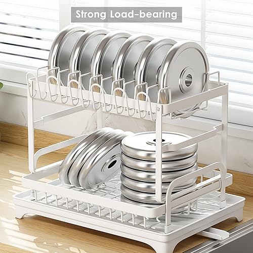 Miniatura 4 de Escurridor de platos de 2 niveles, estantes de secado de platos de acero al carbono con tabla de escurrir y soporte para cubiertos y tabla de cortar
