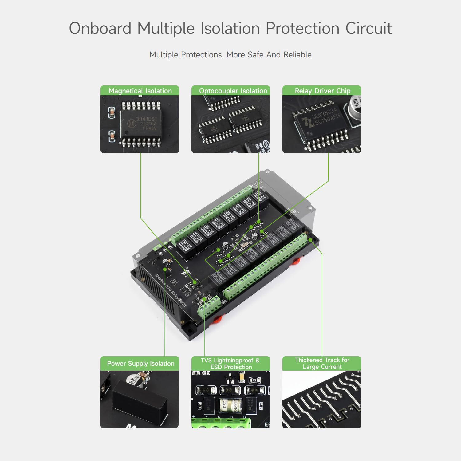 Waveshare Modbus RTU 16-Ch Relay Module, RS485 Interface, with Multiple Isolation Protection Circuits,Apply to Industrial Control,Smart Home,Smart Agriculture,Breeding and Farming