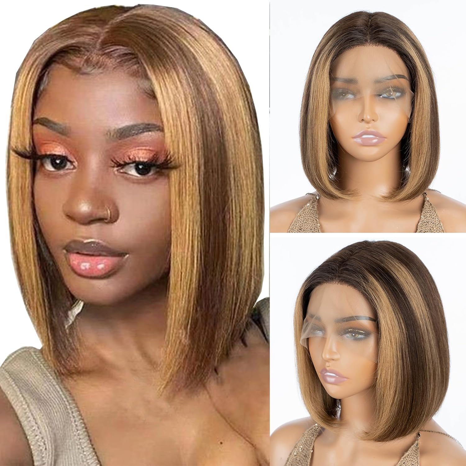 DÉBUT Medium Brown T Part Short Bob Wigs Lace Front Human Hair Wigs for Black Women Brazilian Virgin Straight Hair Middle Part 13x4x1 Wigs Chocolate Brown 10 Inches