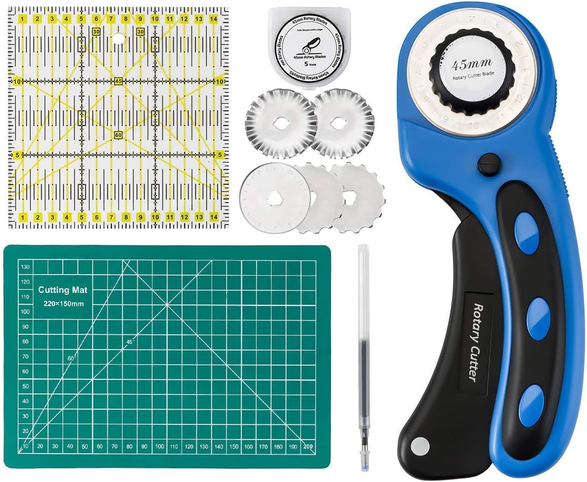 Cozywind 45mm Rotary Cutter with Blades 45mm (5pcs Replacements), Self-Healing Cutting Mat 22cm x 15cm, Acrylic Quilting Ruler 15cm x 15cm, Perfect Set for Cutting Fabric, Paper, Leather, Cloth