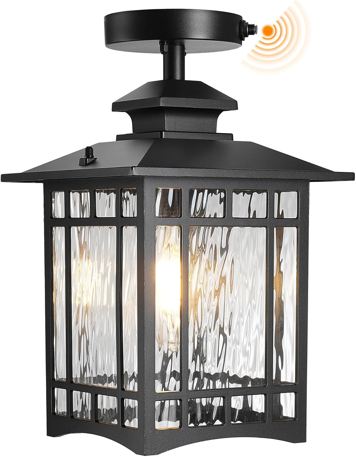 Large Dusk to Dawn Outdoor Ceiling Light, Sand Black Semi Flush Mount Ceiling Light Fixture, Aluminum Waterproof Exterior Ceiling Lamp with Water Ripple Glass for Entryway Patio Ceiling