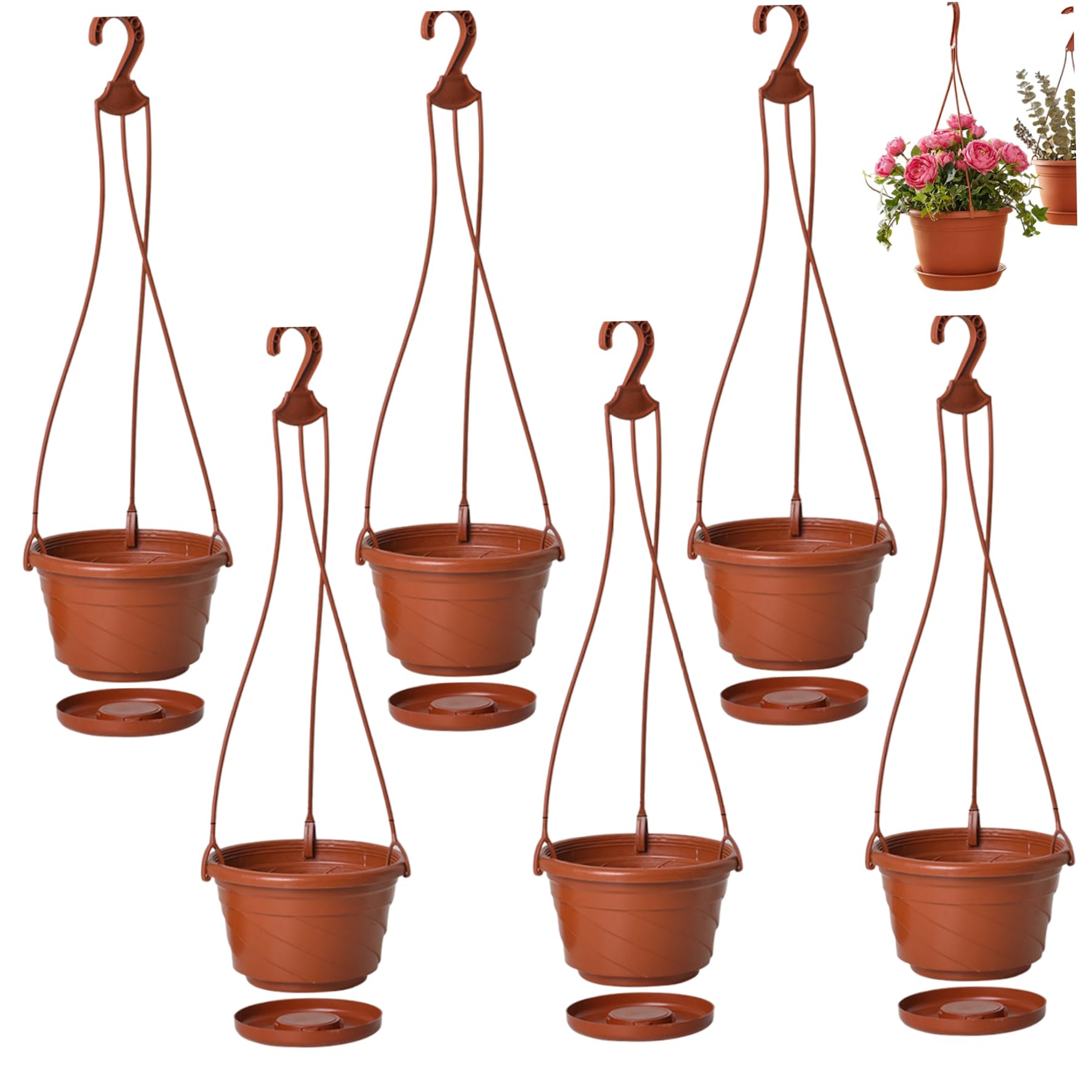Faroby 6 Pack Hanging Baskets for Plants Outdoor, Plastic Hanging Planter with Drainage Holes & Hook for Balcony, Garden Decor
