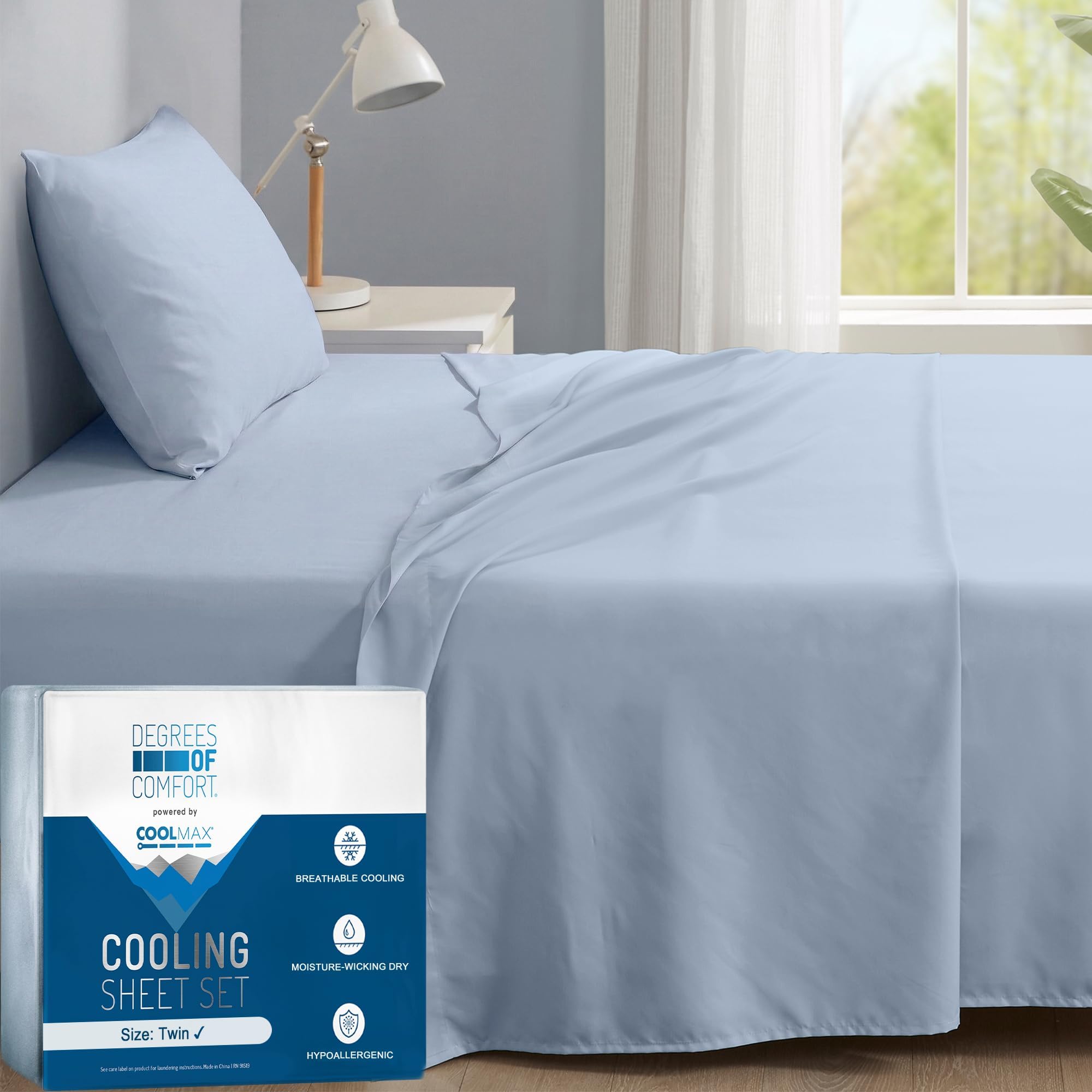 Degrees of Comfort Coolmax® Cooling Bed Sheets Twin Size for Hot Sleepers, Moisture Wicking Sheet Set for Night Sweats, Deep Pocket, Ultra Soft, Cozy for All Seasons, Light Blue 3 Pieces