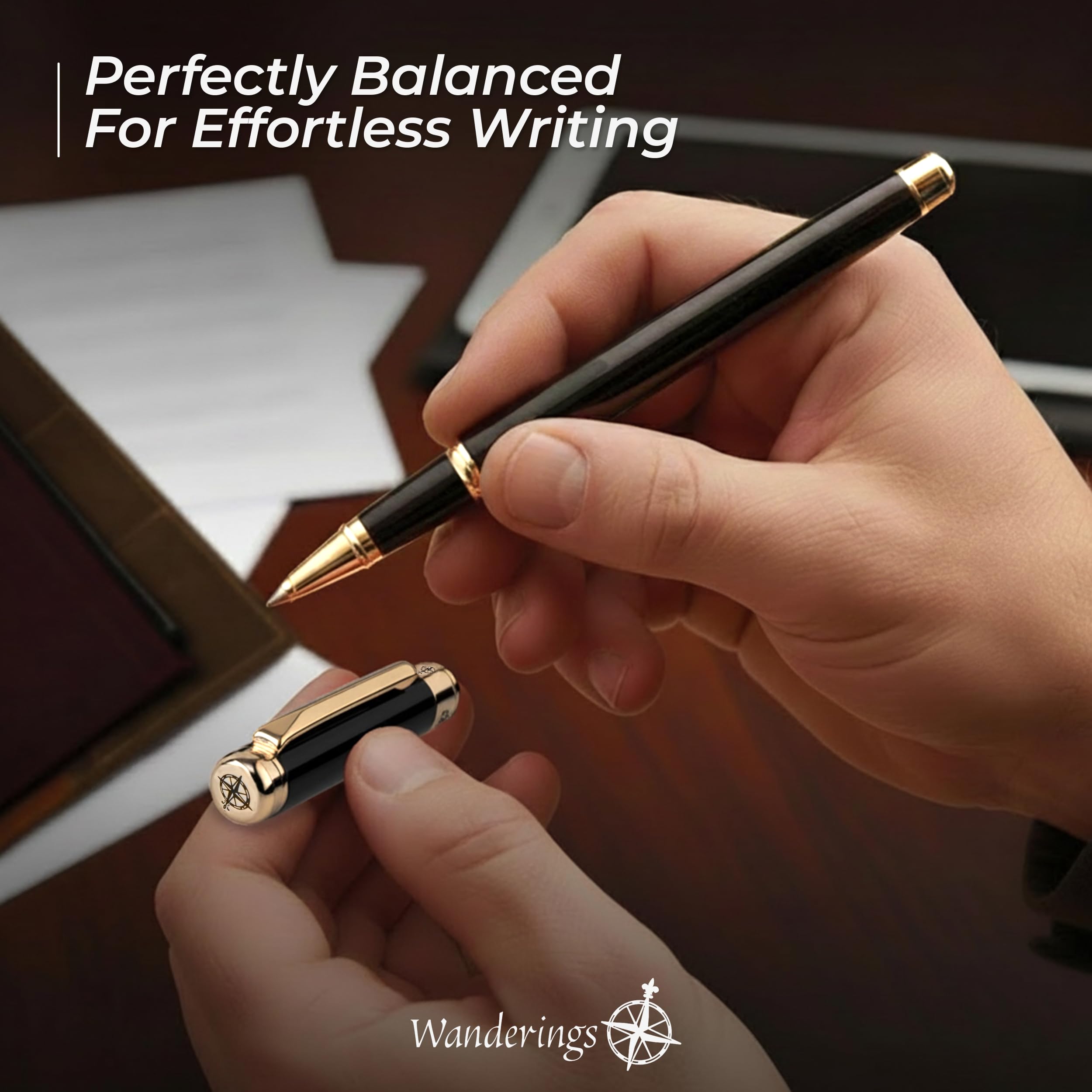 WANDERINGS Bolígrafo Rollerball Premium con Tinta Alemana – Escritura Sobresaliente, 24K Chapado en Oro – Negro Piano – Incluye un Recambio Schmidt en un Estuche de Presentación para Regalo