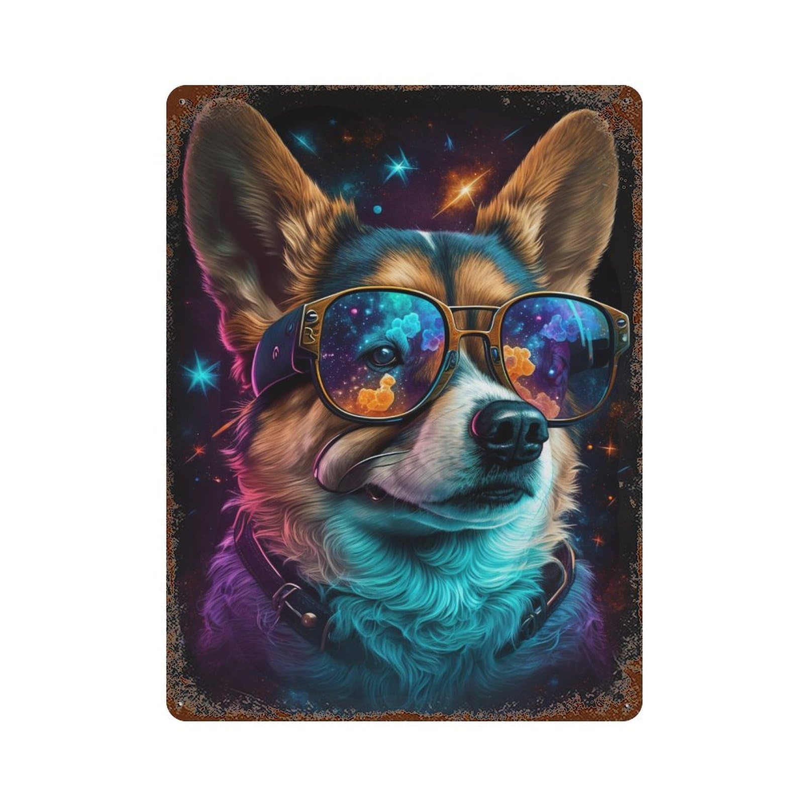 Cosmic Corgi Sunglasses 15.7"x11.8" Retro Metal Sign, Vintage Wall Decor for Garage, Bar And Workshop Decor
