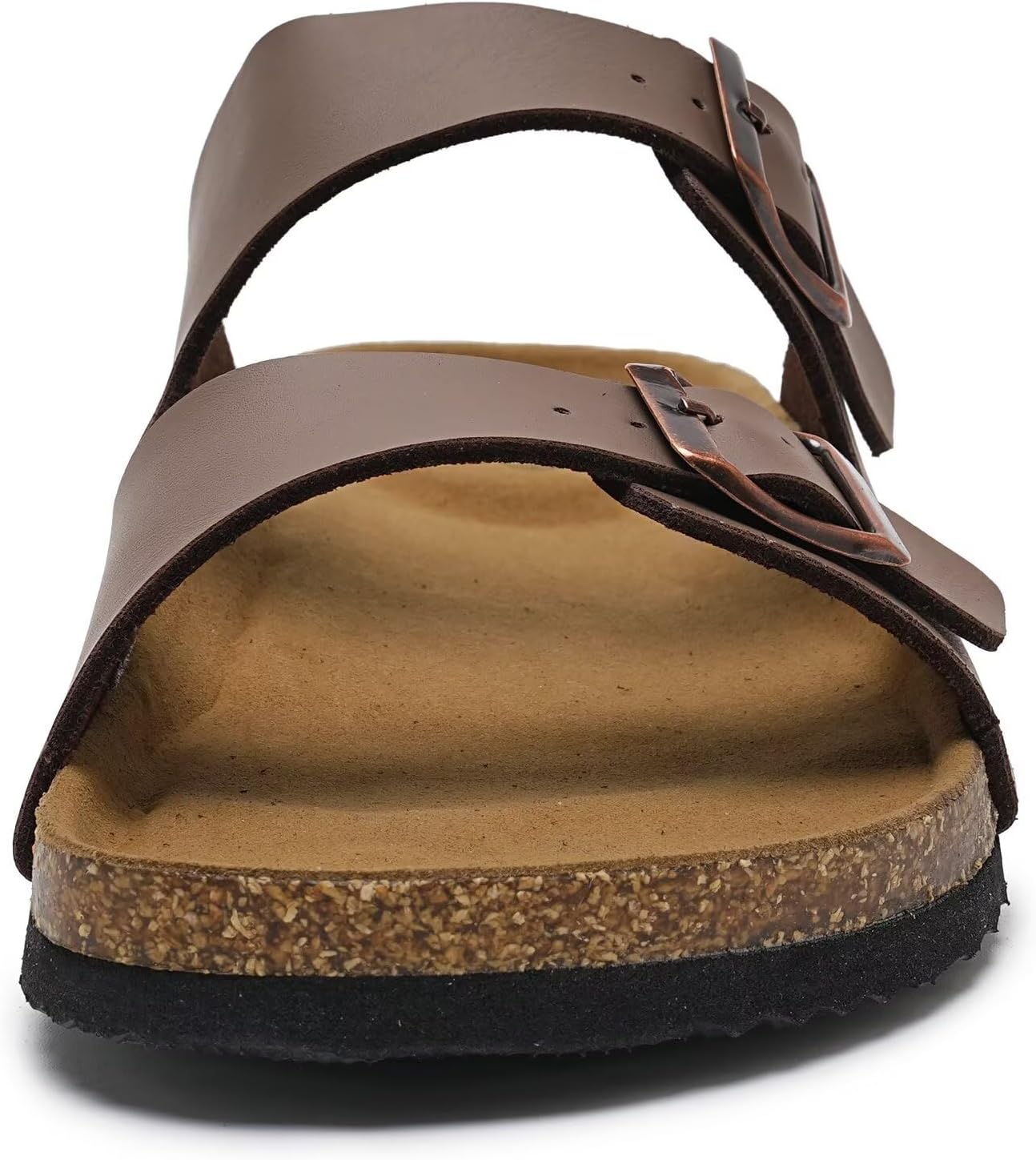 Torotto Genuine Leather Mens Slides with Cork Footbed Open Toe Adjustable Webbing Flat Sandals for Walking | Beach | Indoor(Leather/Brown-45) - Image 2