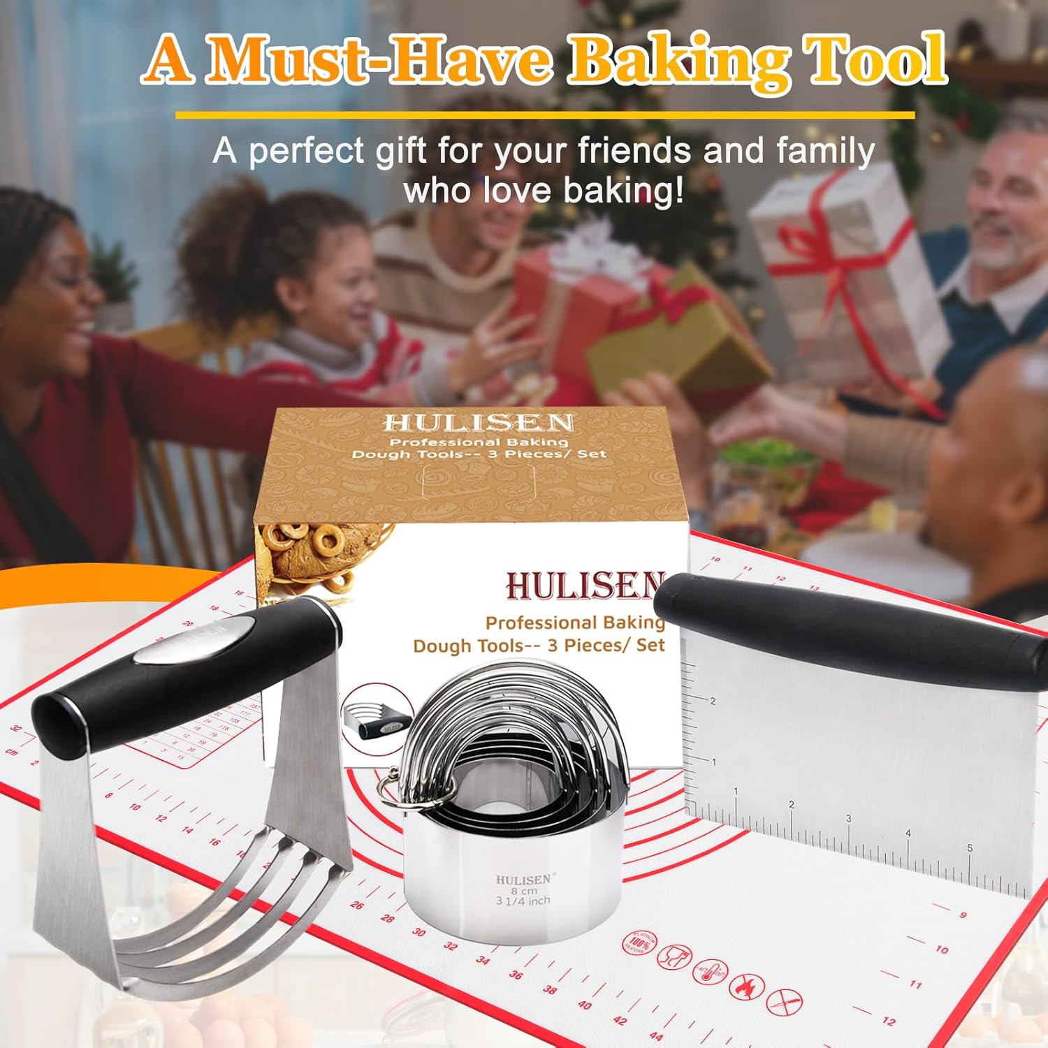 HULISEN Stainless Steel Biscuit Cutter Set, Silicone Mat, Pastry Scraper and Dough Blender, Sturdy & Long-Lasting with Ergonomic Rubber Grip, Professional Baking Dough Tools, Gift Package (4 Pcs/Set) - Image 7