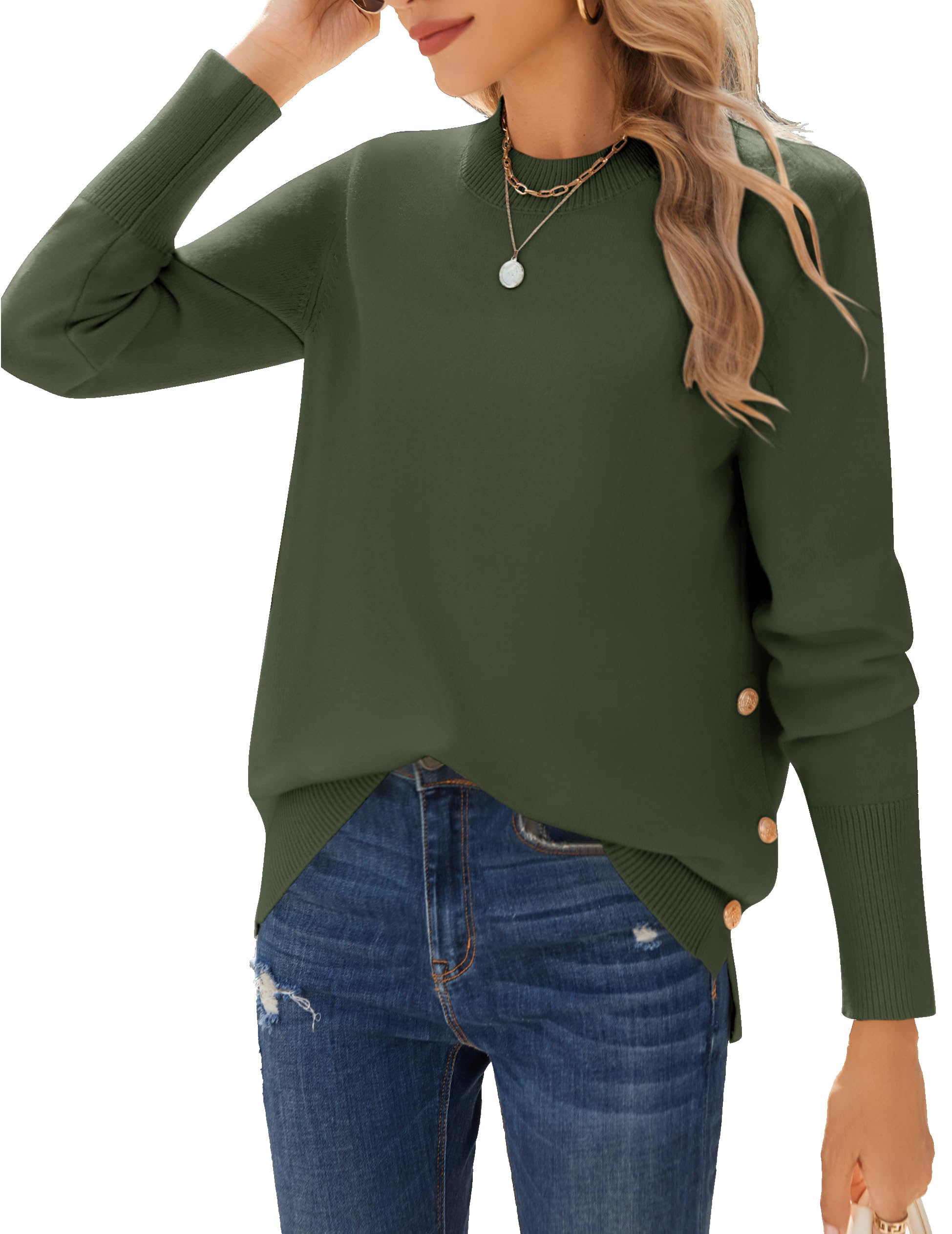 ZEAGOO Pullover Damen Strickpullover Winter Langarm Rundhals Pulli Herbst Casual Damenpullover Einfarbig Gestrickt Oberteile mit Knöpfen