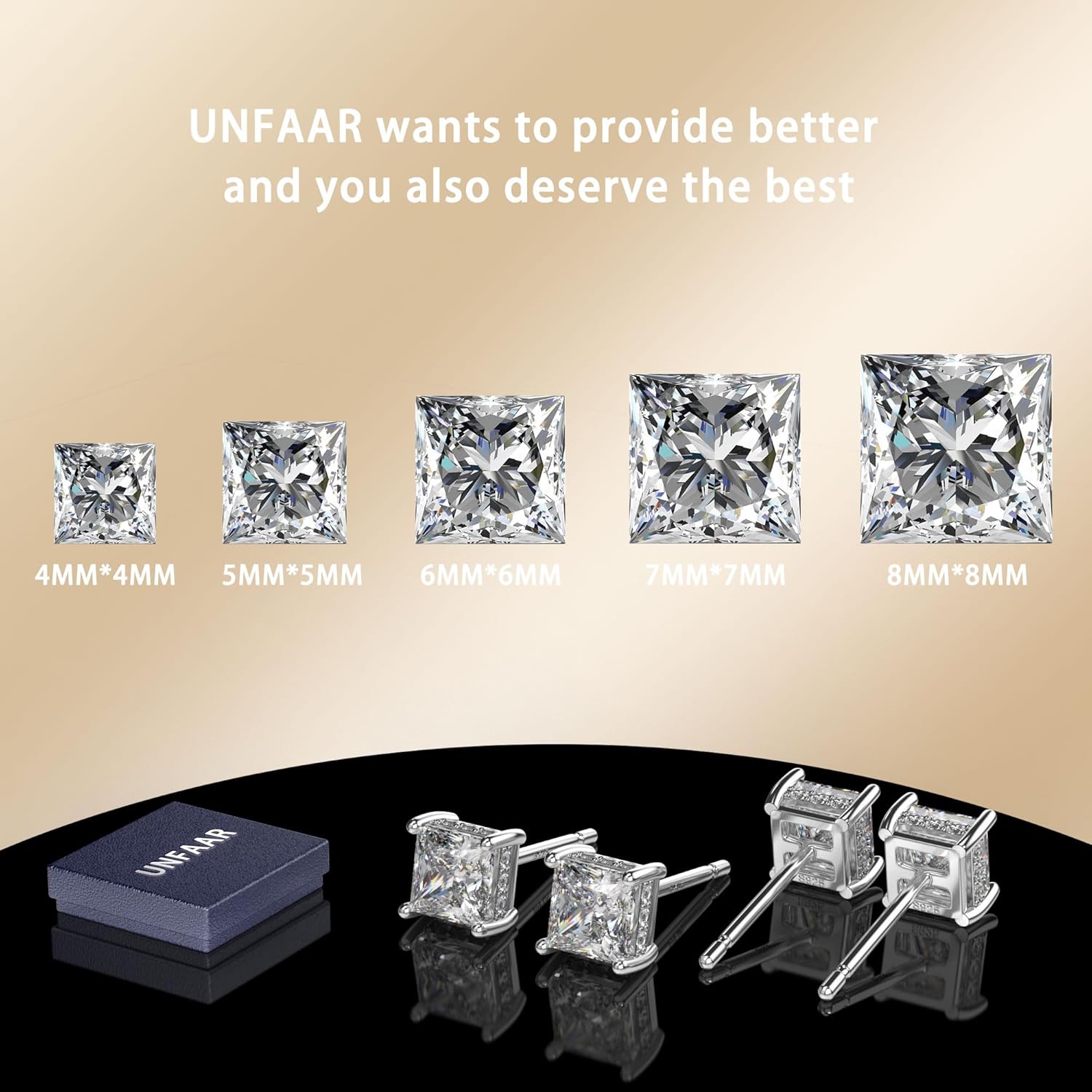 18K White Gold Plated Sterling Silver Princess Cut Cubic Zirconia Stud Earrings Square CZ Diamond Stud Earrings for Women Men Hypoallergenic - Image 6