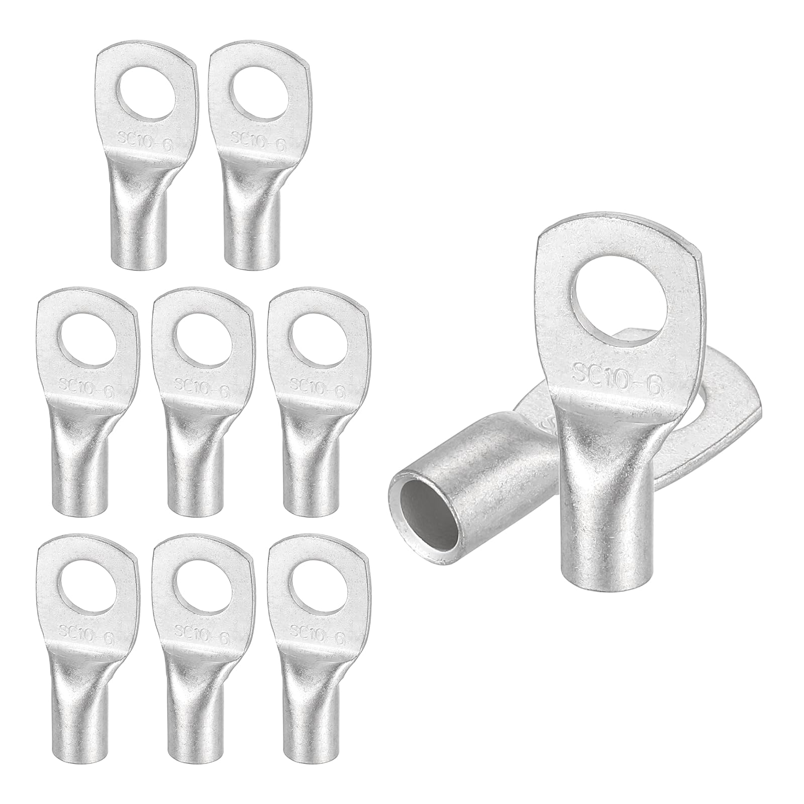 sourcing map 20 Pcs Tinned Copper Wire Lugs 8AWG 1/4" Wire Connectors Marine Grade Battery Cable Ends Ring Terminals SC10-6NH Battery Cable Lugs, Silver