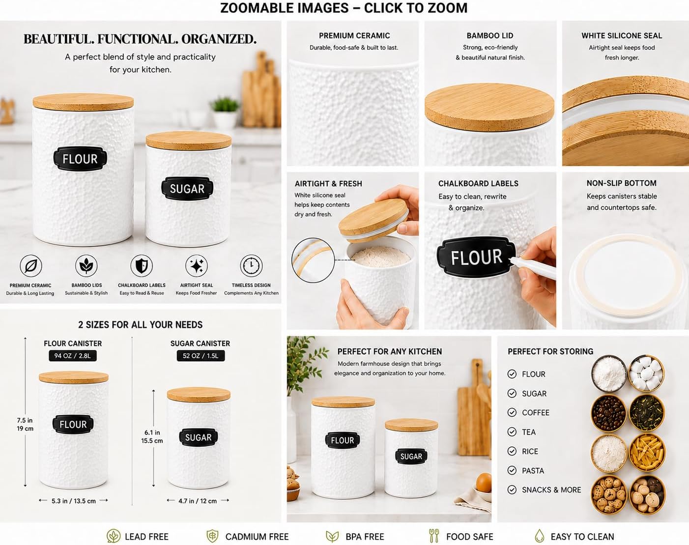 Ceramic Canister Set of 2 (94oz & 52oz) – Airtight Bamboo Lids for Flour, Sugar & Coffee – White Kitchen Storage Jars with Labels for Countertop & Pantry