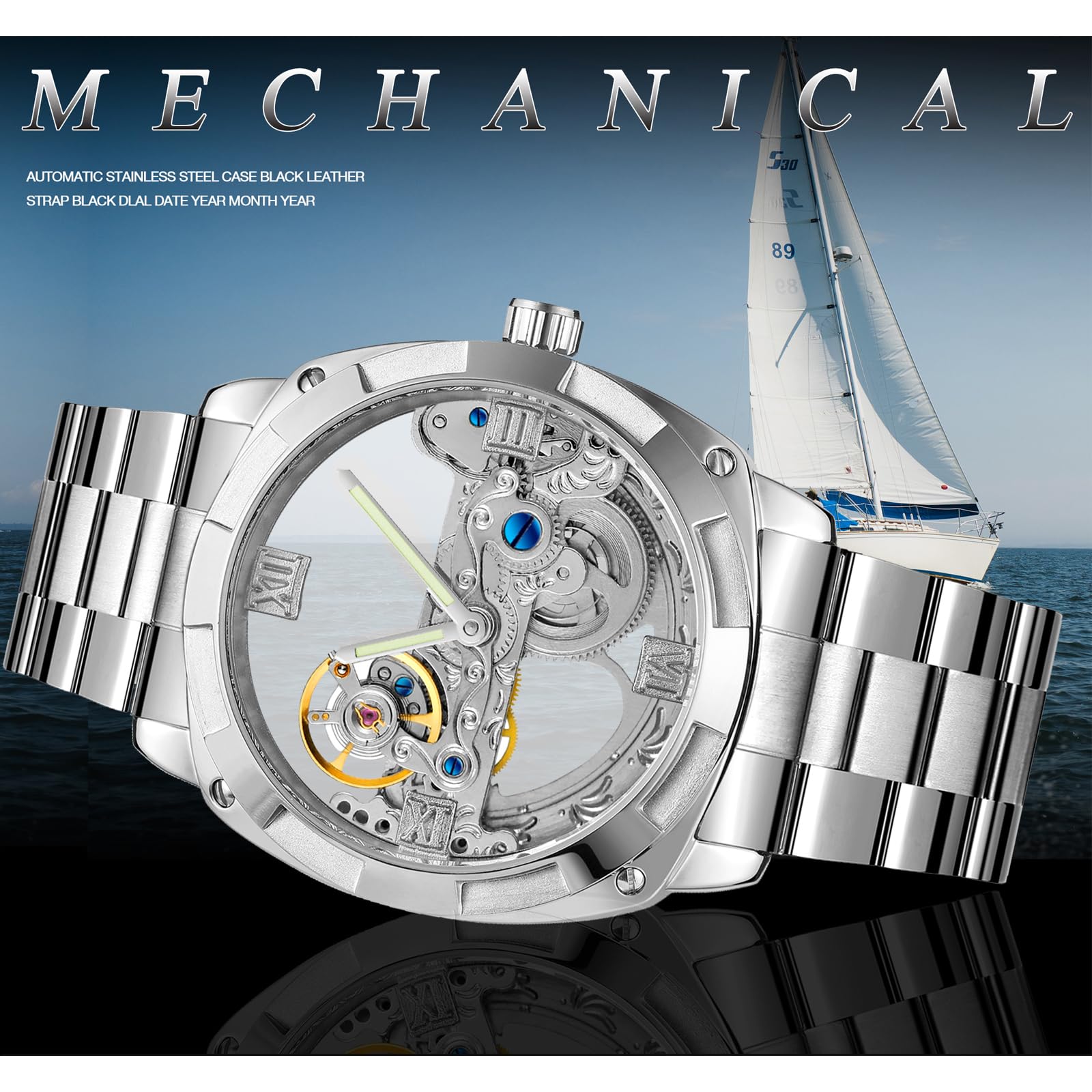 FORSINING Reloj para hombre, clásico, transparente, esfera cuadrada, automático, acero inoxidable, a la moda, para negocios, resistente al agua, luminoso, mecánico, plata