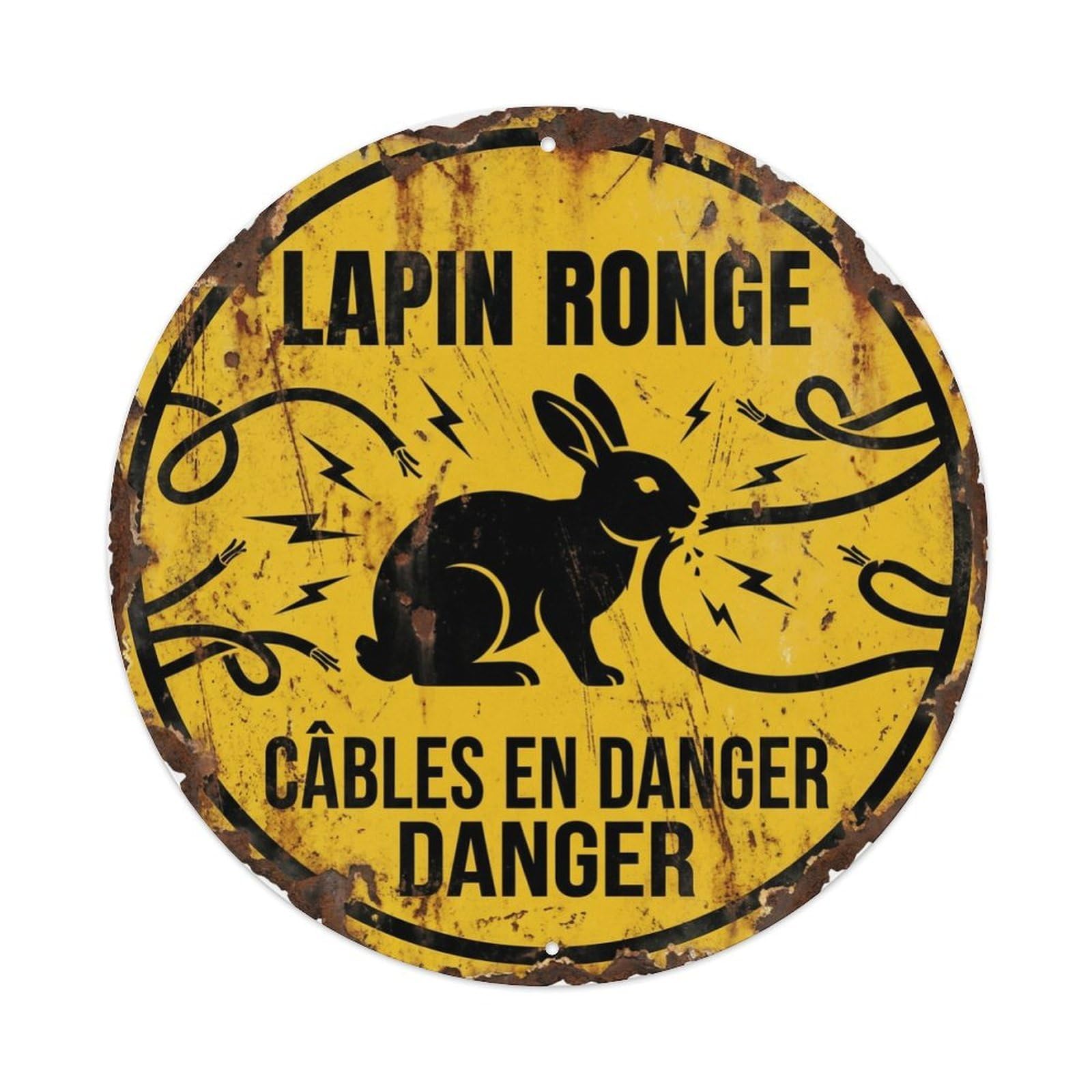 Cmhok Vintage Style Bunny Cable Chewing Warning Round Wall Hanging Metal Tin Sign Plaque Wall Decor For Cafe, Club, Garden Round Metal Poster 8X8inch