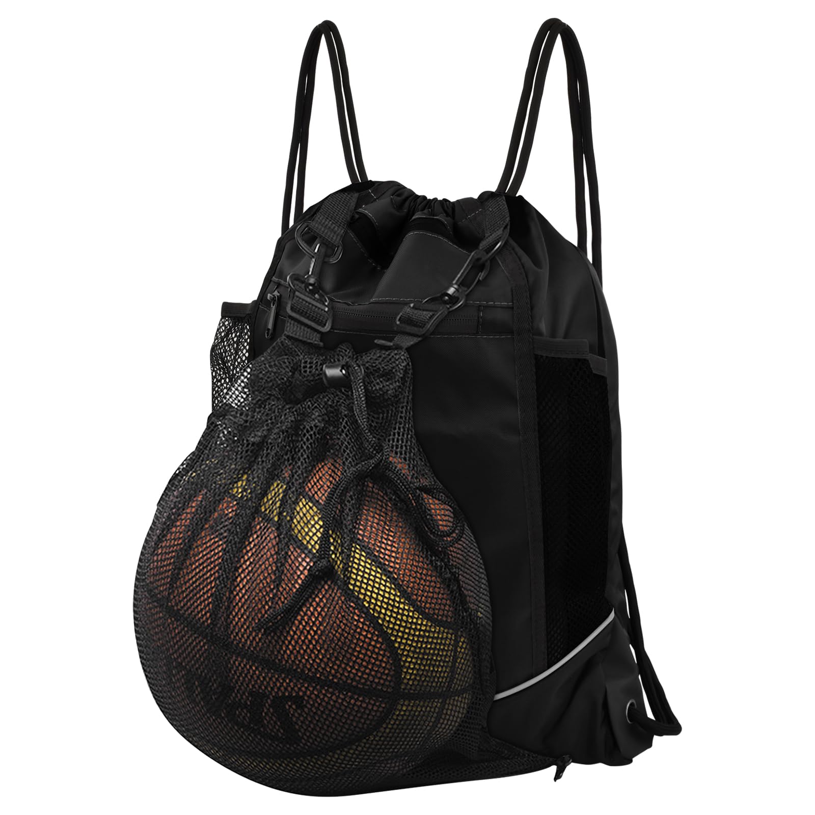 Dokeno Mochila Deportiva con Cordón para Baloncesto, Bolsa de Fútbol, Bolsa de Cordón Deportivo, Bolsa de Gimnasio con Bolsillo de Red para Pelotas, Bolsa para Deporte, Fitness, Niños (Negro)