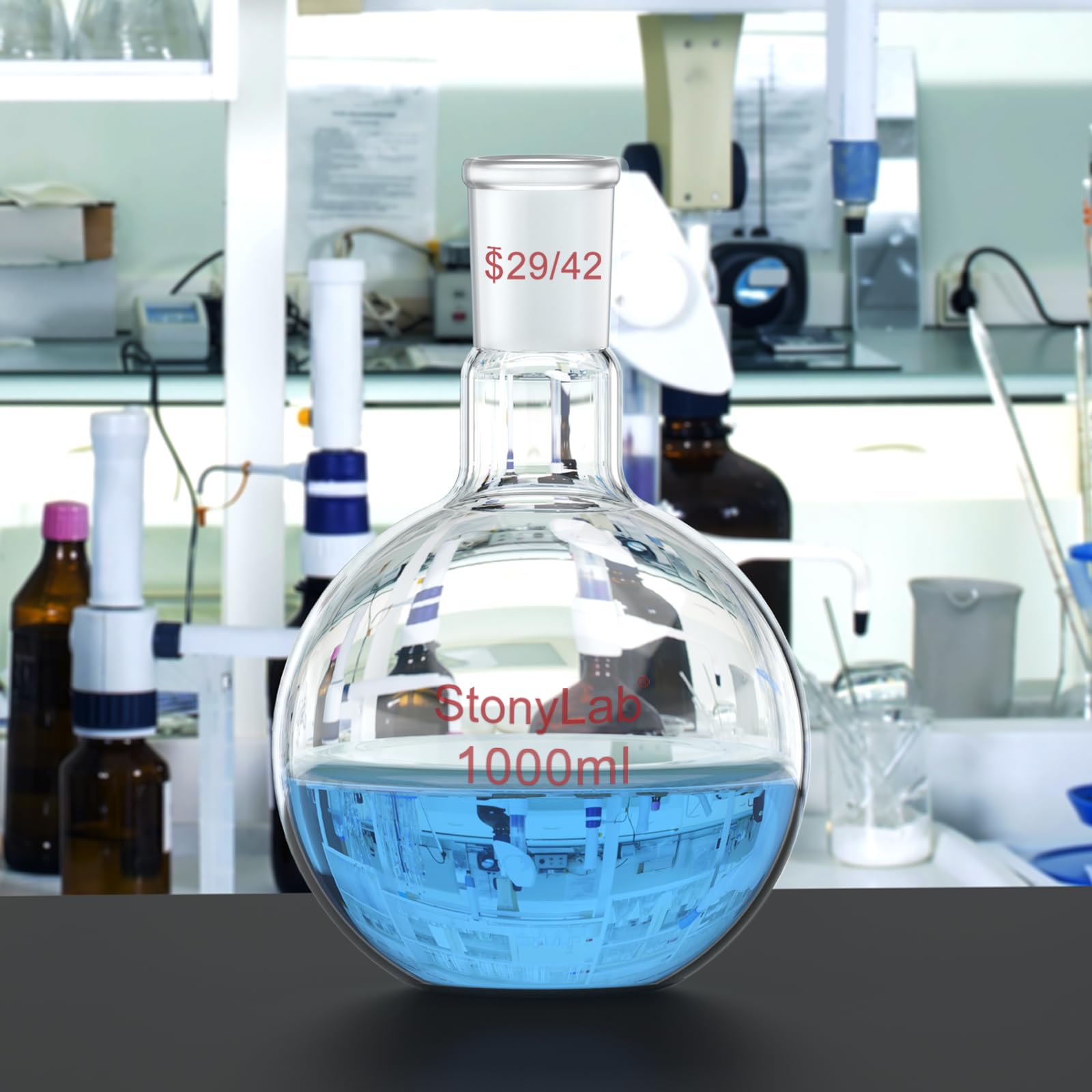 stonylab Verre Ballon à Fond Plat avec col Unique, Single Neck Flat Bottom Boiling Flask Ballon D'ébullition avec Joint Extérieur Standard 29/42, 1000 ml