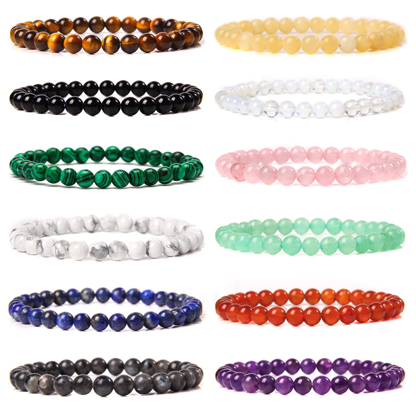 JEWPARK 12 PCS 6MM 8MM Semi-Precious Gemstone Bracelet Set Healing Crystal Stone Stretch Bracelets for Men Women Round Beaded Elastic Bracelets