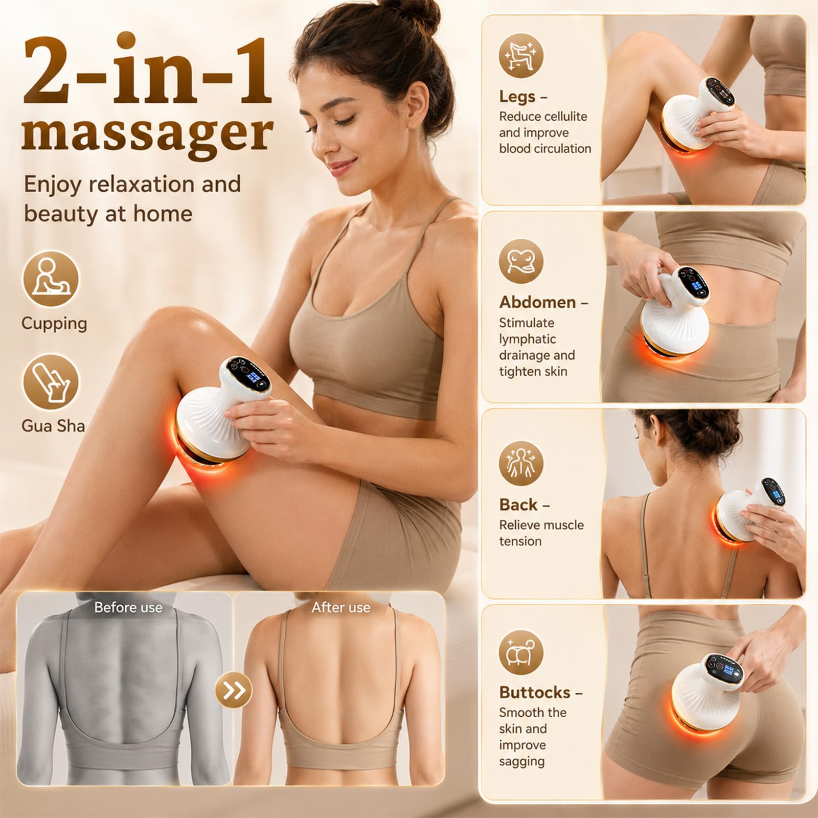 Masajeador anticelulítico 4-en-1, 6 Niveles de succión y 6 de Calor, Ventosa eléctrica con tecnología Gua Sha, promueve la circulación, Dispositivo de Celulitis portátil para Todo el Cuerpo