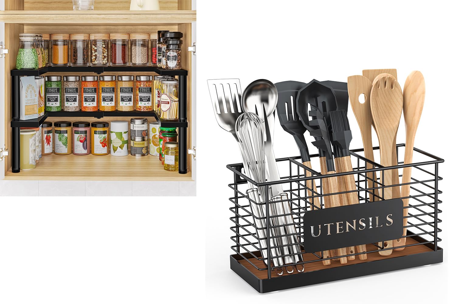 THYGIFTREE Expandable 2 Tier Spice Rack Organizer for Cabinet, Large Black Metal Utensil Holder for Kitchen Counter
