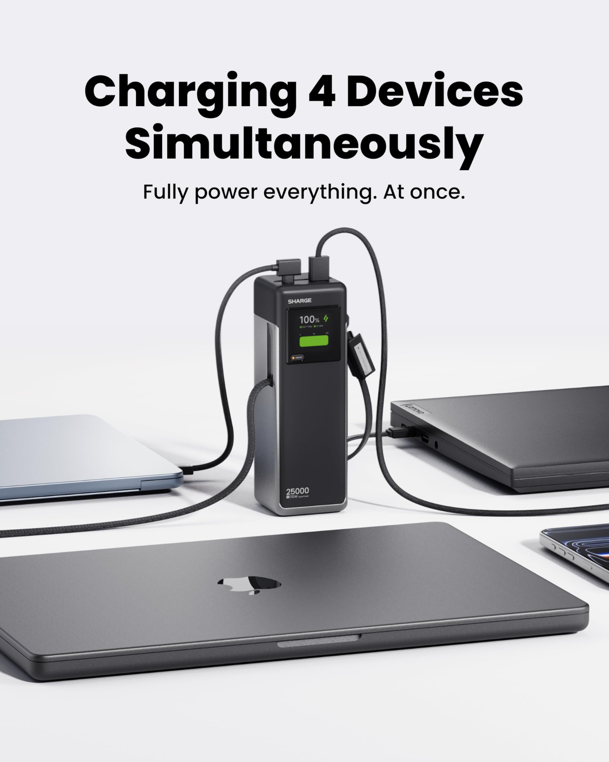 SHARGE Laptop Power Bank 25000mAh, HyperTower 170W Total Fast Charging Portable Charger, 100W USB-C Power Bank with Built-in Cables, High Capacity Travel Battery Pack for MacBook, iPhone17, Galaxy S26 - 3