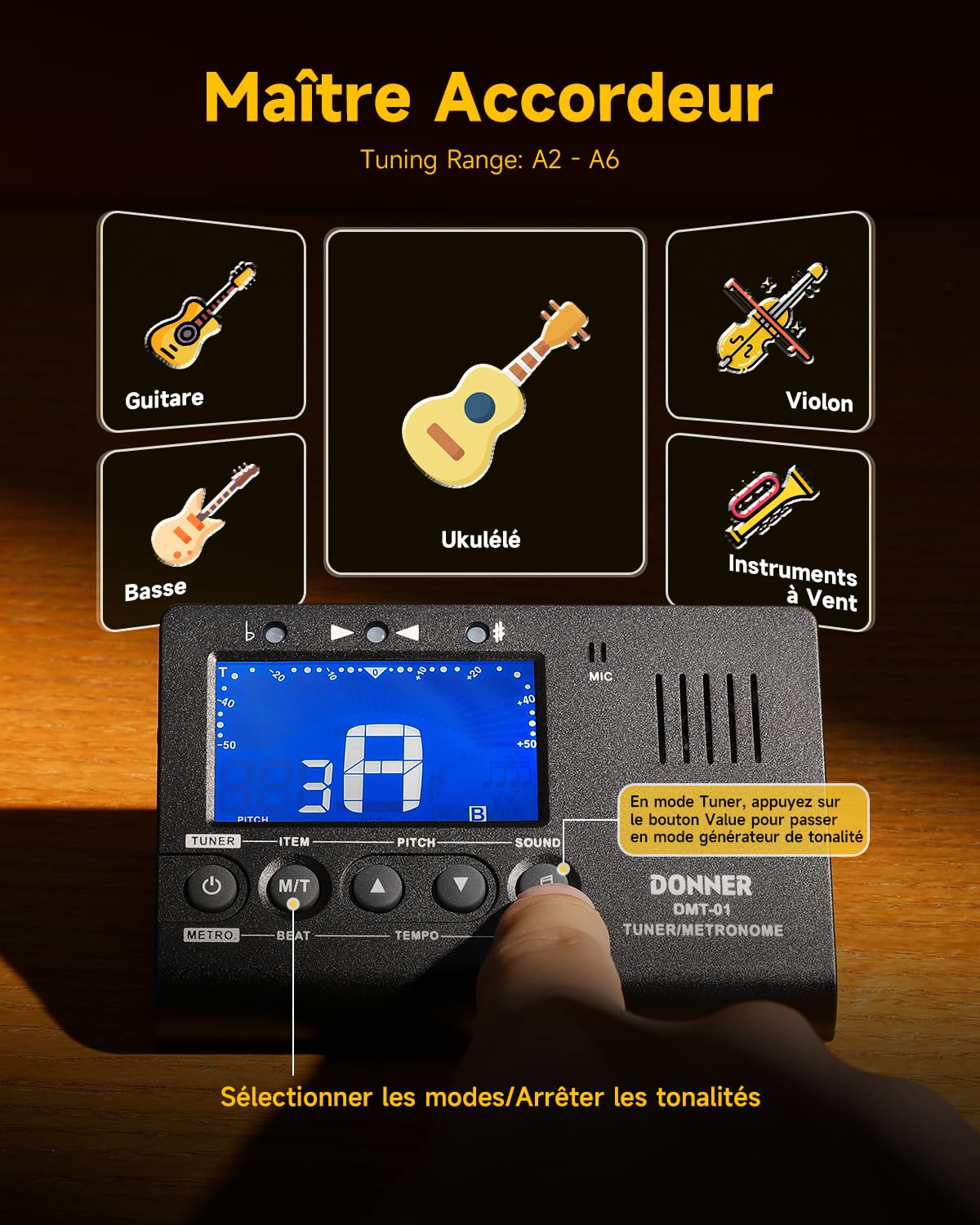Donner 3 en 1 Accordeur de Guitare Métronome electronique et Générateur de Son avec écran LCD pour Instruments Chromatiques, Guitare, Basse, Ukulélé, Violon, Piano, trompette (DMT-01)