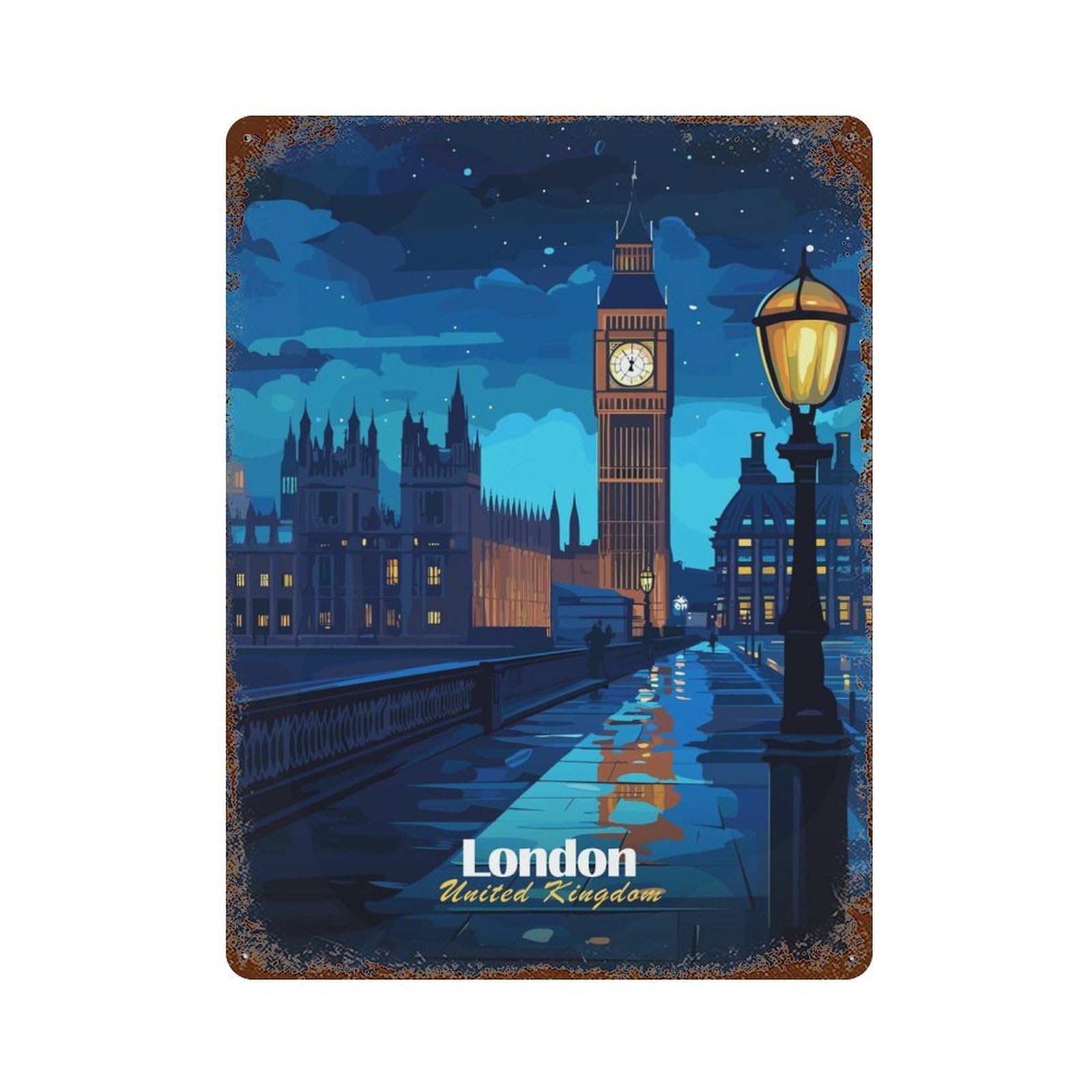 Rust Effect London Night View Rusty Metal Tin Sign 15.7"x11.8", Rustic Home Decor for Living Room, Hallway And Home Decor