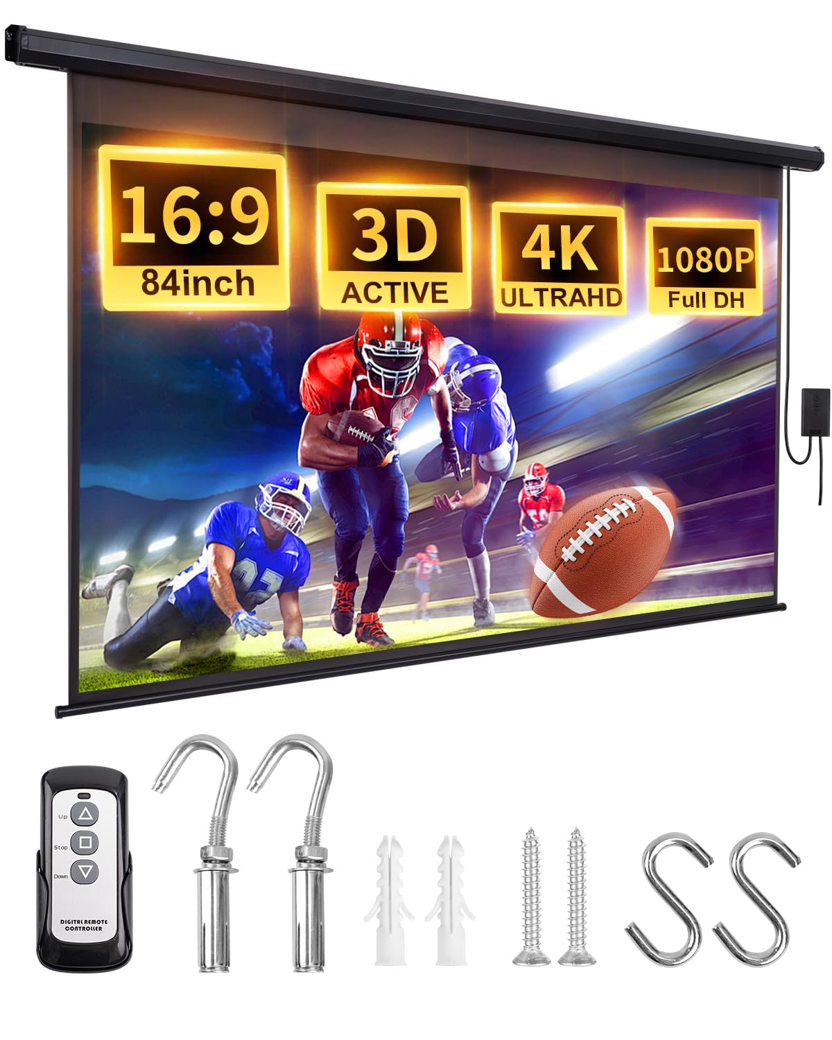 projector screen motorized pull down 84 inch 16:9 electric projector screen with remote, automatic projector screens wall ceiling mount small movie screens for projectors outdoor indoor black