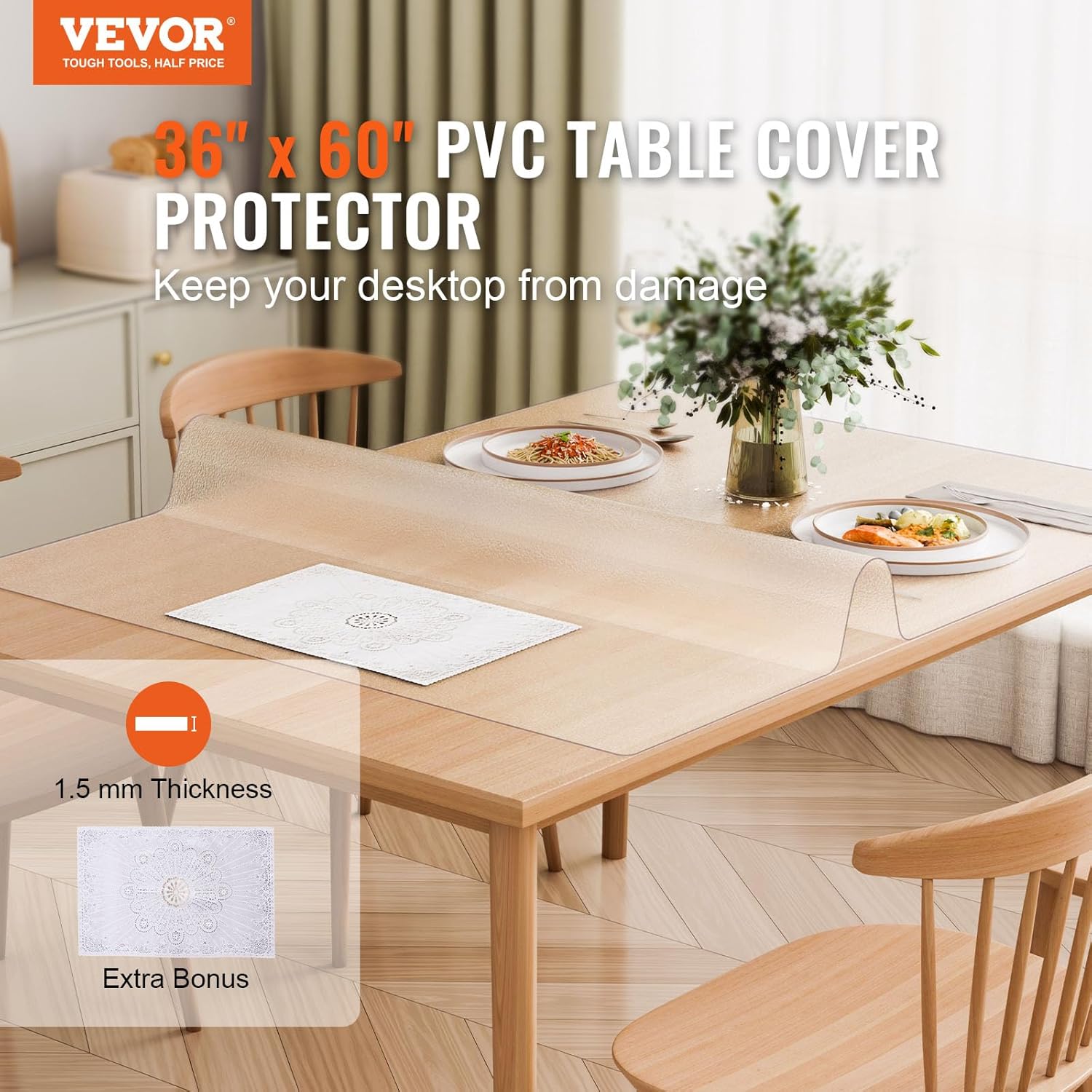 vevor plastic table cover, 36 x 60 inch 1.5 mm thick frosted table protector, rectangle pvc desk mat, waterproof & easy cleaning desk pad tablecloth, for office dresser dining room night stand 60" x 36" (rectangular)
