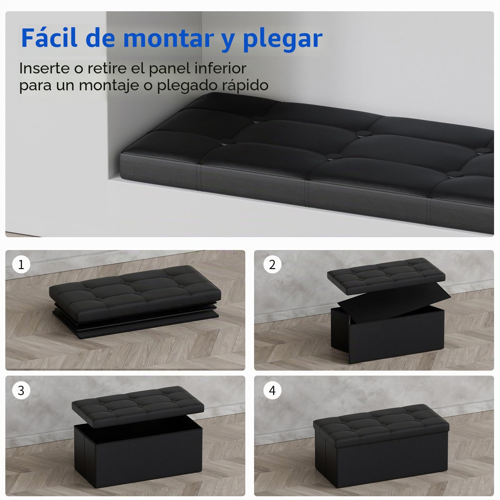 BRIAN & DANY Baúl Puff Taburete para almacenaje Plegable Ottoman, Negro, 76 x 38 x 38 cm