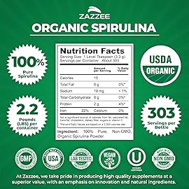 Zazzee Organic Spirulina Powder, 2.2 Pounds (1 KG), USDA Certified, 303 Servings, Kosher, 100% Pure, Non-Irradiated, Mess-Free Wide Mouth Container, Fresh Smell and Neutral Taste, Non-GMO, Gluten-Free