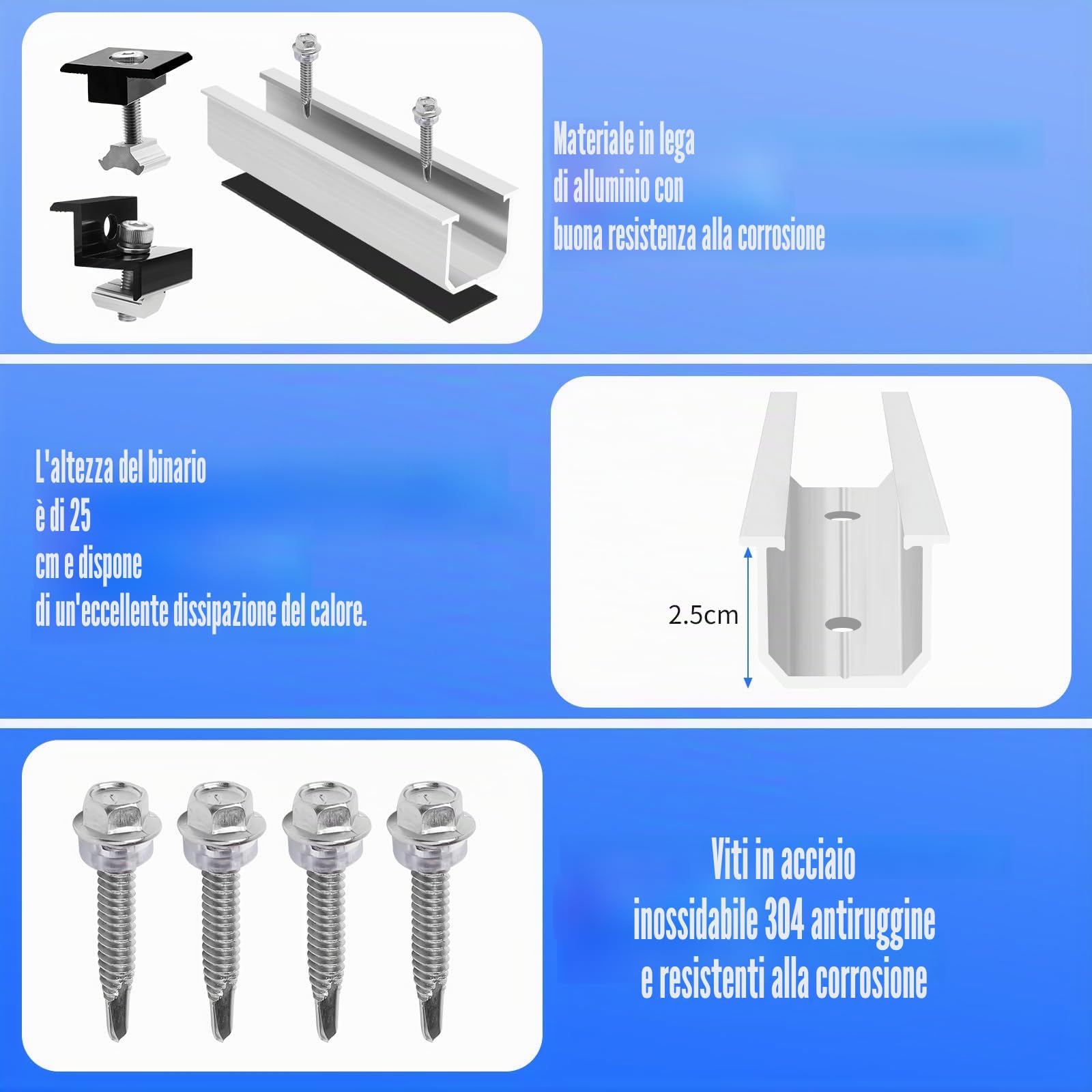 Kit di Montaggio per Pannelli Solari, Morsetto Centrale in Alluminio per Modulo Solare, Morsetto Centrale per Pannello Solare, Staffa di Montaggio per Pannelli Solari Altezza Modulo 30-35 mm