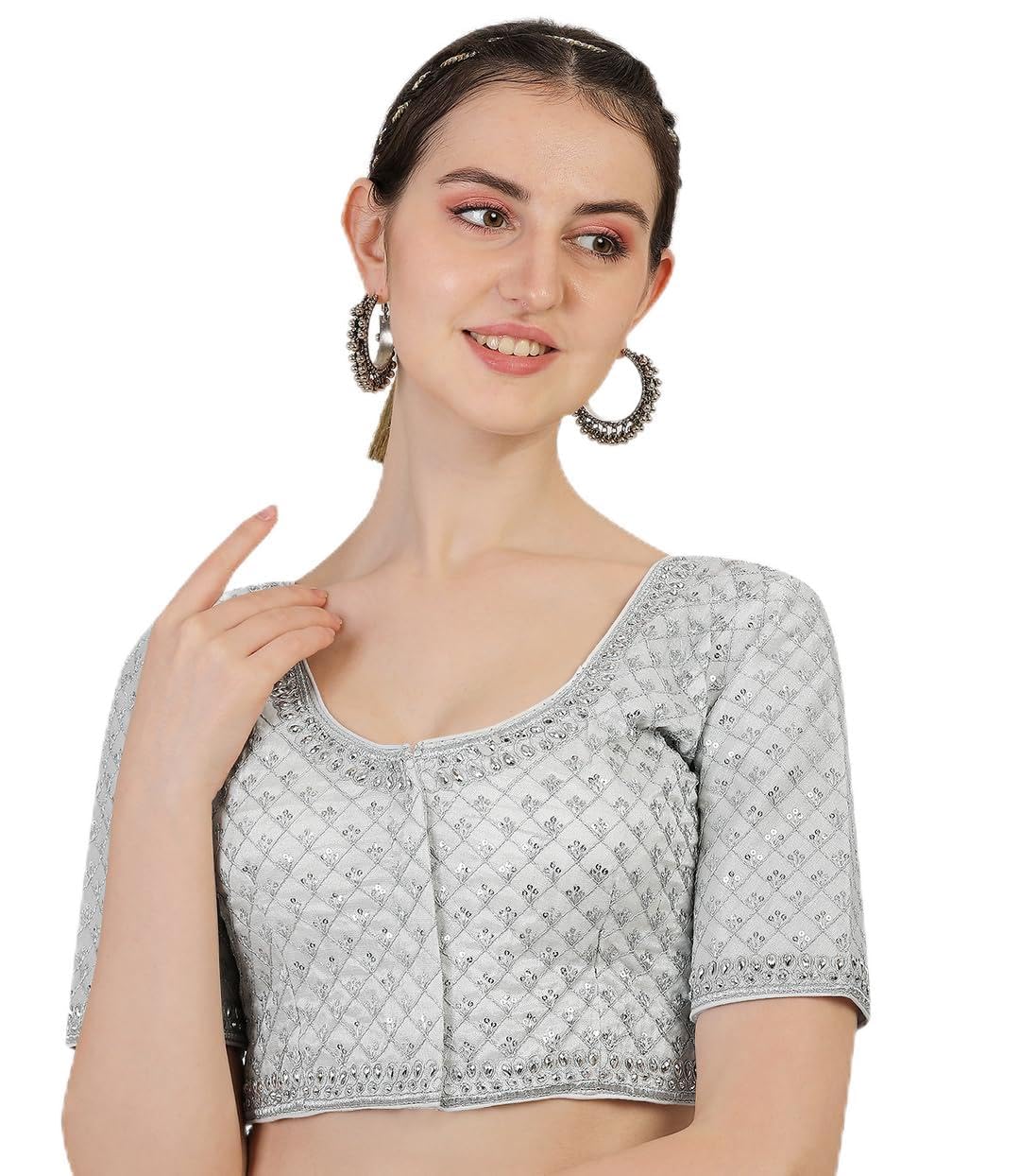 Woman's Heavy Silver Jari Codding with Diamond Work Round Neck Front Open Latest Saree Embroidery Blouse Design-image-46