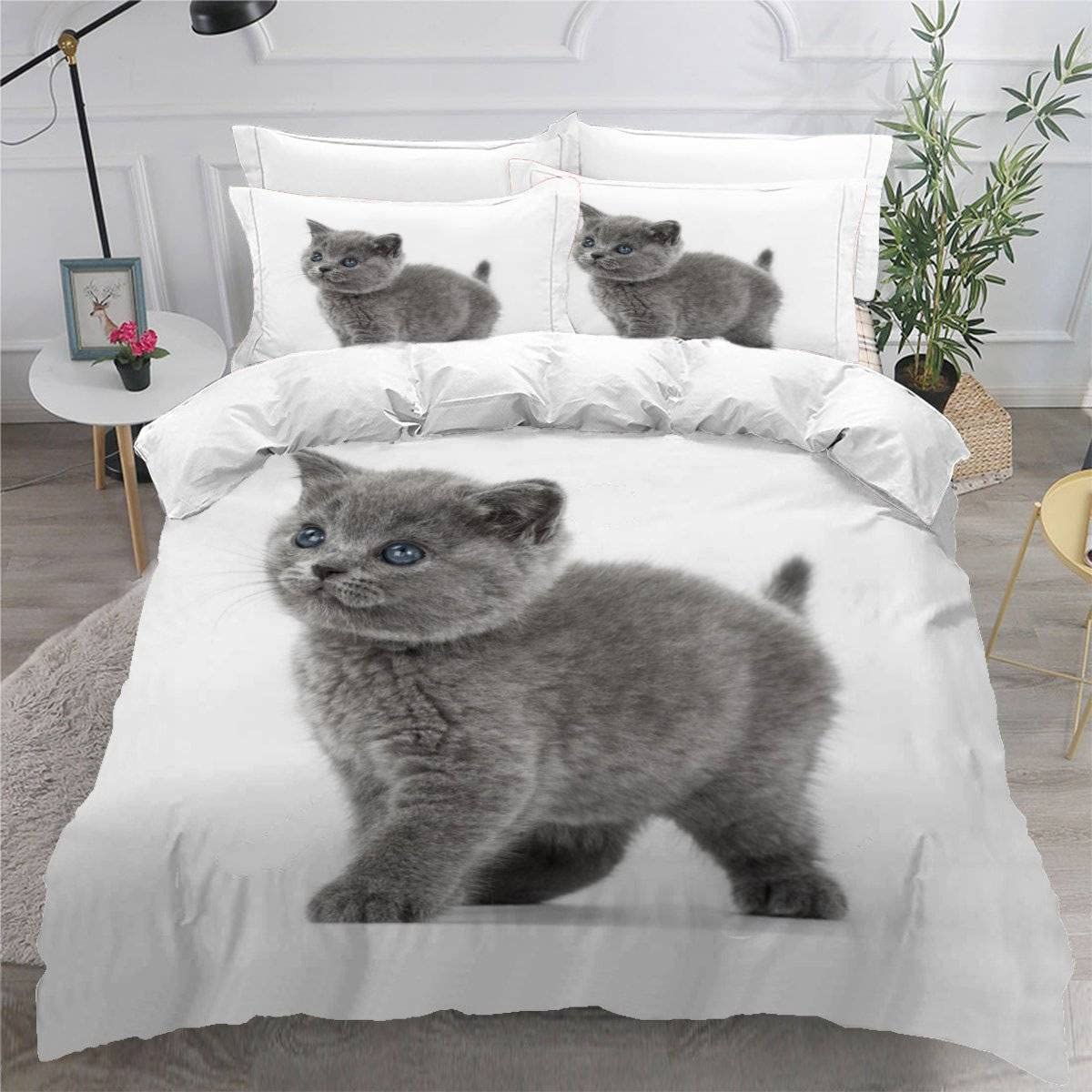 Parure de lit chat 220x240 motif animaux 3D housse de couette microfibre 2 personnes
