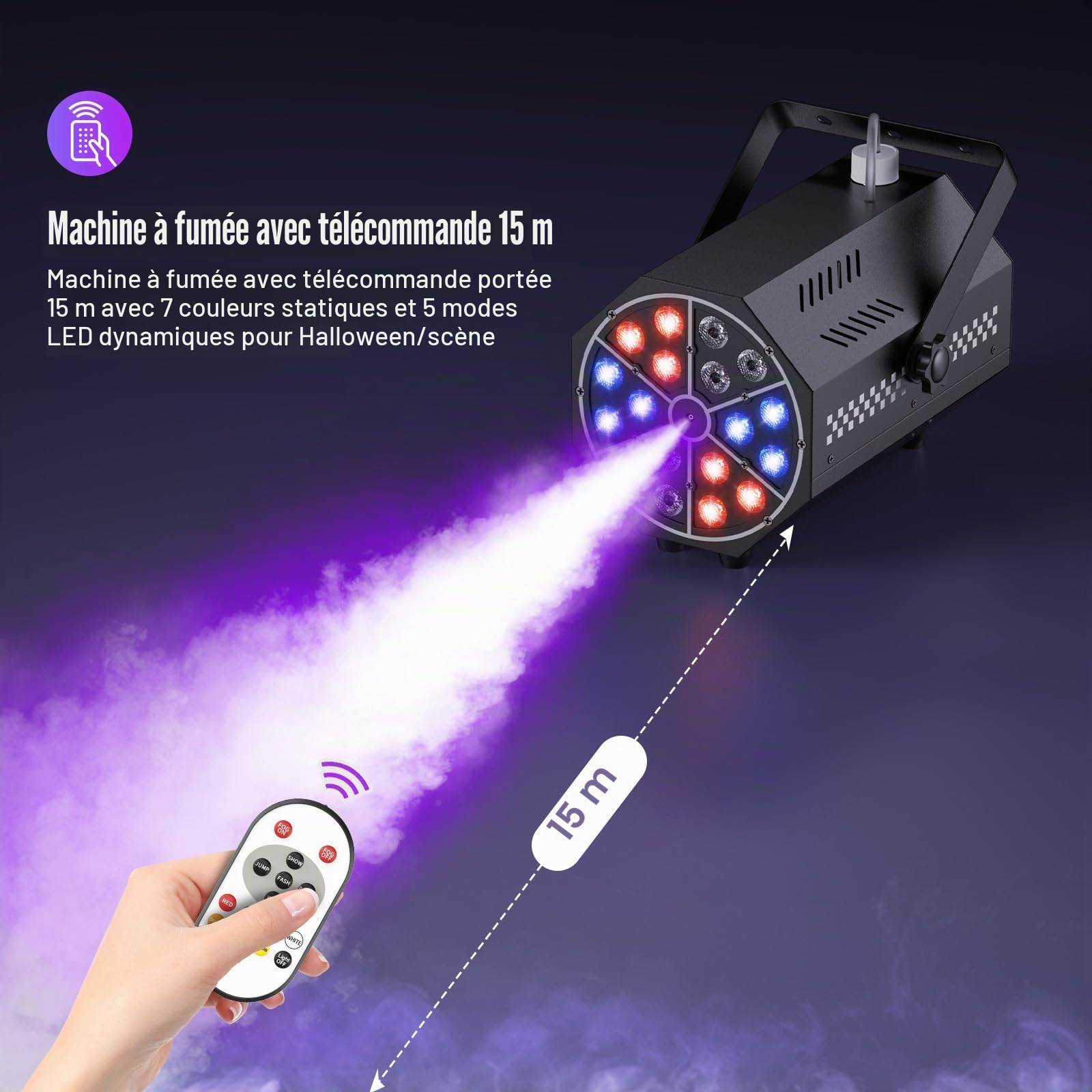 Machine à Fumée 800W avec Télécommande,Mini Machine à Brouillard Portable avec Réservoir 0.3L,18 LED RGB Lumineux Disco Faisceau Stroboscopique pour DJ Halloween Mariage Fêtes Noël Scène