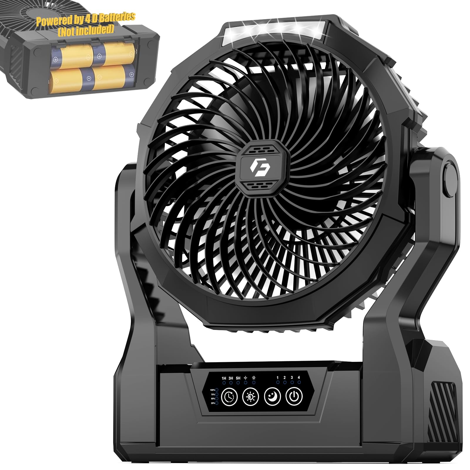 Photo 1 of Battery Operated Fan, 2-in-1 D-Cell Battery & USB Powered Portable Fan with 4 Speeds, 3 Timers & 2 Light Modes, Super Long Lasting Camping Fan for Outdoor Tent Travel Picnic Office Bedroom - Black