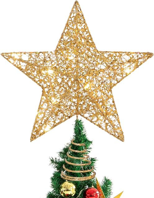 Christmas Tree Topper Star - Lighted Gold Glitter Tree Top Star Christmas Decorative Metal Star Xmas Tree Decorations Holiday Party Supplies - Gold