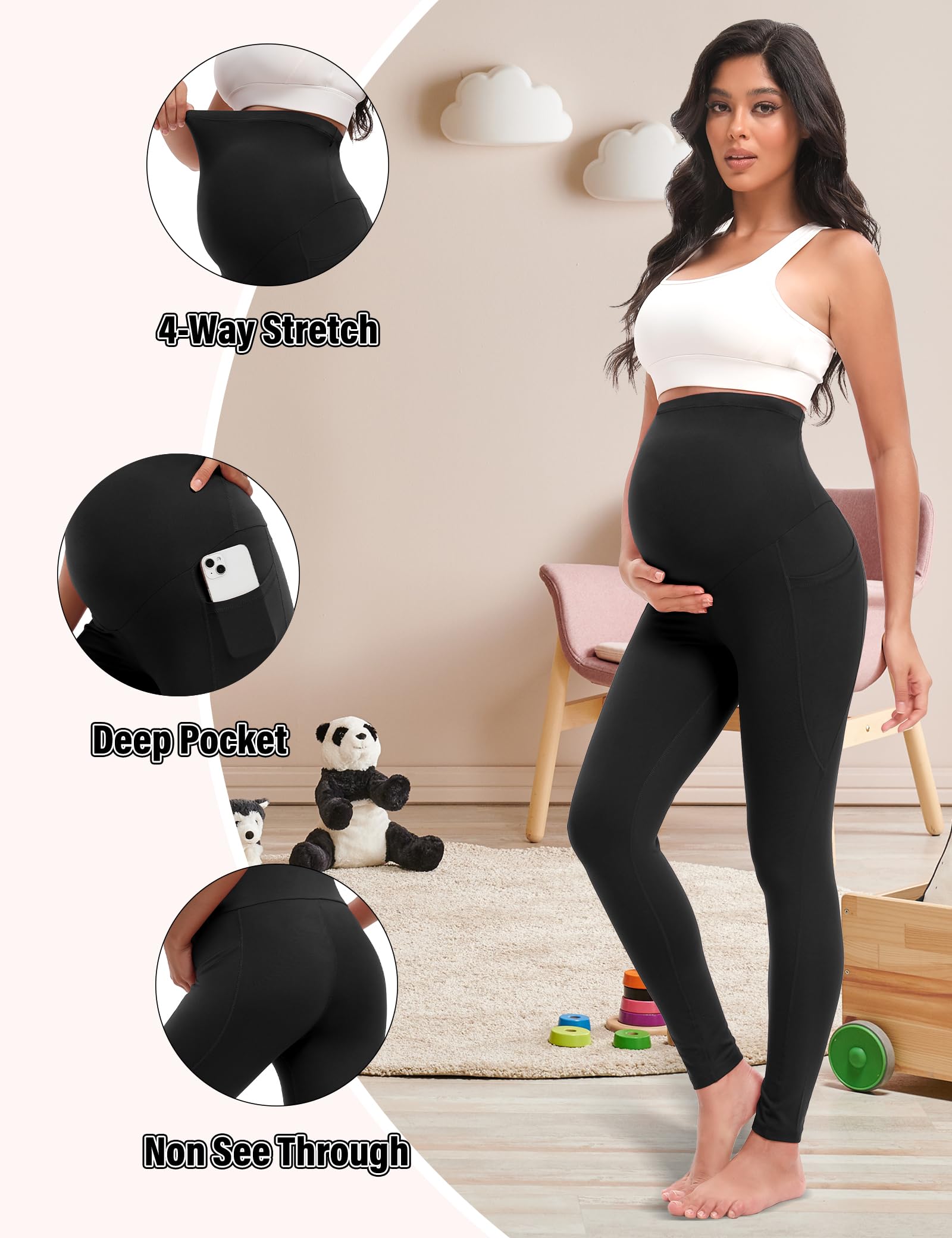 Siimcuzy Umstandsleggings für Damen, mit Taschen über dem Bauch, Schwangerschaft, Workout, Yoga, Activewear | Zwei Seitentaschen, Bauchunterstützung, weich, Schwangerschaft, Workout, Yoga, Athletik, Activewear, Fitnessstudio, Hose