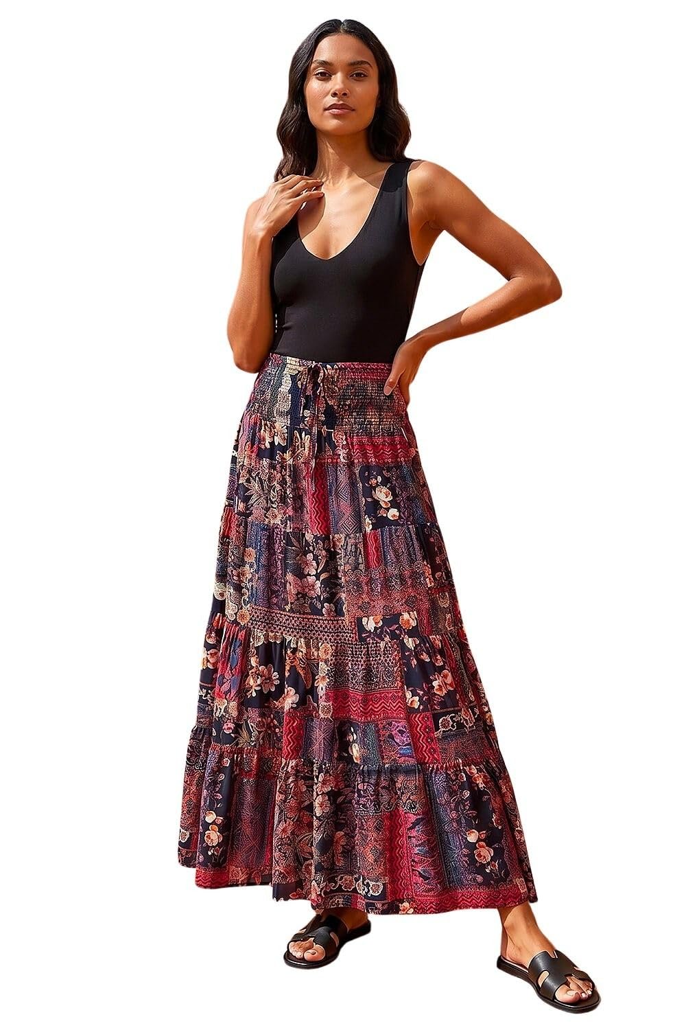 Roman Women's Tile Print Shirred Maxi Skirt in Red | Size: 20
