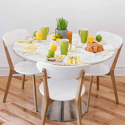 Miniatura 2 de Manteles redondos con textura de mármol dorado con borde elástico, mantel redondo ajustable, pequeños manteles circulares lavables y lavables para