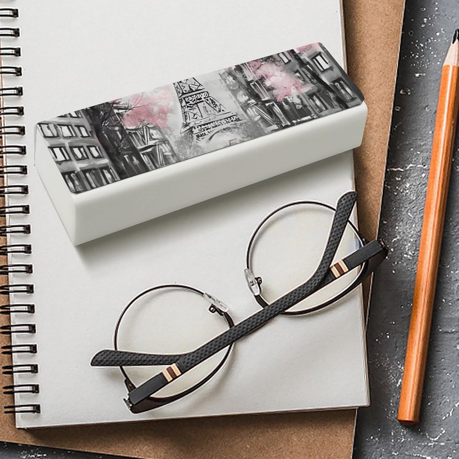 Paris Street Eiffel Tower Pink Floral Eyeglass Case, Durable Convenient Spectacle Cases with Cleaning Cloth Leather Eyeglasses Storage Box for Sunglasses Man Women