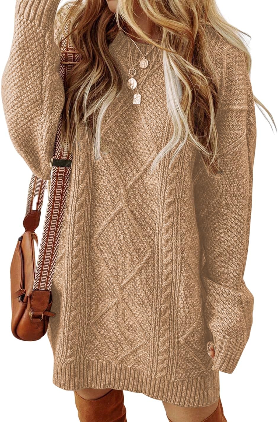 ZAFUL Women's Cable Knit Sweater Dress Long Sleeve Loose Crew Neck Pullover Tunic Mini Sweater Dress Fall Winter Outfits