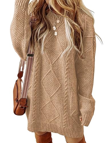 Women's Cable Knit Sweater Dress Long Sleeve Loose Crew Neck